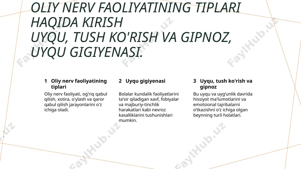 , barqaror uyqu jadvalini saqlash va dam olish uchun rahat uyqu tartibi yaratish, umumiy yaxshilik uchun juda muhimdir. uyqu gigiyenasining nevrologik kasalliklardagi roli 1 2 3 uyqu gigiyenasi va uning nevrologik kasalliklar ustida etkisi haqida tushunish. gipnoz nevrologik kasalliklar uchun qoʻshimcha terapiyasi sifatida potensial gipnozni bolalarda nevrologik kasalliklarni davolashda. gipnoz, beyin faoliyatini oʻzgartirib, migren, uzviy ogʻriq va epilepsiya kabi nevrologik kasalliklar simptomlarini oldini olishda koʻrsatilgan. odatiy tibbiyot davolari bilan birga, gipnoz uyquni yaxshilash, xavotirni kamaytirish va nevrologik kasallik belgilari bilan boshqarish uchun qoʻshimcha terapiyasi sifatida qoʻll gipnoz, adhd, tourette sindromi va xavfsizlik kasalliklari kabi bolalarda nevrologik kasalliklarni davolashda vaqtincha yordam berishni ko'rsatgan, non-invaziv va doriyo bepul alternativani taklif qiladi. uyqu gigiyenasi oʻzgaruvchisi nerv faoliyatiga ta'siri. 1 2 3 uyqu gigiyenasi muhimligi uyqu gigiyenasi yomon soxilining ta'siri uyqu gigiyenasini yaxshilash uchun tavsiyalar tog'ri uyqu rejimi yaratish, dam olish uchun qulay tushlik tartibi yaratish va uyqu muhitini optimallashtirish nerv faoliyatini yaxshilashga yordam …