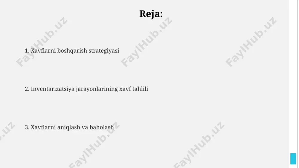 ventarizatsiya tizimining samaradorligi 80% deb baholandi. shu bilan birga, texnologiya yangilanishlari yetishmasligi sababli, ma'lumotlar bazasining xavfsizligi 20% darajasida ekanligi aniqlandi. xavf ehtimolligini baholash samarqand viloyatida joylashgan kompaniyaning inventarizatsiya jarayonida, 5% ehtimol bilan yuzaga keladigan noto'g'ri hisob-kitoblar, 5000 aqsh dollari miqdorida moliyaviy yo'qotishlarga olib kelishi mumkin. xavf ehtimolligini baholashda, toshkentdagi omborda 20% ehtimol bilan yuzaga keladigan o'g'irlik xavfi, 100 000 aqsh dollariga yetuvchi zarar keltirishi mumkin. andijon shahridagi omborda saqlanayotgan mahsulotlarning 15% ehtimol bilan shikastlanishi, 30 000 aqsh dollari miqdoridagi tovarlarning yo'qotilishiga sabab bo'lishi mumkin. hisobot va hujjatlashtirish товарлар ҳисоботининг тўлиқлигини текшириш учун ҳар ойда камида 2 марта инвентаризация ўтказилиши ва ҳар бир ҳаракат ҳақидаги маълумотлар самарқанд вилояти омборининг электрон базасига киритилади. ҳужжатларнинг рақамланиши ва сақланиши бўйича 3 йилдан ортиқ вақт давомида 1000 дан ортиқ ҳужжатларнинг электрон ва қоғозли нусхалари фарғона шаҳридаги марказий архивда сақланади. инвентаризация натижалари бўйича 5 кун ичида ҳисобот тайёрланиши ва 12 та нусхада бош бухгалтер томонидан имзоланиб, …