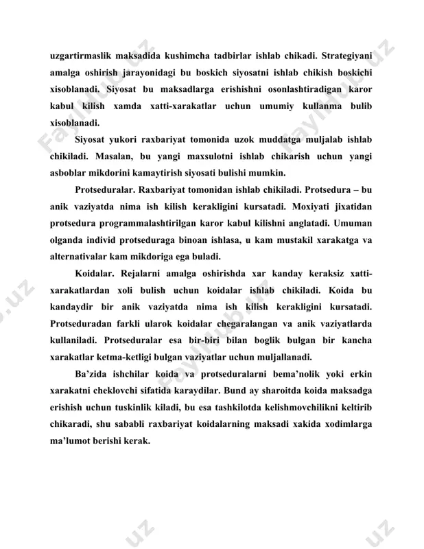n resurslardan foydalanish xatti-xarakatini taksimlashga kumaklashadi. raxbarlar kanday resurslarga ega ekanligini aniklash uchun rejalashtirishning dastagi bulgan budjetlar ishlatiladi. budjet bu resurslar taksimlash metodi bulib, mikdoriy kurinishda xarakterlanadi va maksadlarga erishishga kumaklashadi. budjetlar rasmiy rejalashtirishda keng kullaniladigan komponentlardan biri xisoblanadi. maksad va resurslarni mikdoriy aniklash. budjetni ishlab chikishning birinchi kadami maksad va resurslarni son kurinishida ifodalashdan iborat. keng tarkalgan ulchovlar bu pul va natural kurinishlardir. budjetni ishlab chikish boskichlari: 1. yukori raxbariyat tomonidan firmaning umumiy maksadi e’lon kilinadi. masalan, bashorat etilayotgan sotish xajmi. 2. bulimlarda operativ smetaning tayyorlanishi. 3. yukori raxbariyat berilgan tadbirlarni budjetga binoan taxlil kiladi va uzgartirish kiritadi va bulimlar yukori raxbariyat kursatgan kamchiliklarga tuzatish kiritadi. ushbu boskichda yukori raxbariyat tashkilotni resurslar bilan taksimlash vazifasini bajaradi. 4. yakuniy budjetlarni tayyorlash. aytib utilgandek nazorat rejalashtirishga asoslanadi. nazorat samarali bulishi uchun uni rejalashtirish bilan chambarchas boglash kerak. budjetni ishlab chikish bunday bogliklik va nazorat samarali mikdoriy usulini tashkil etadi. inson resurslarida …