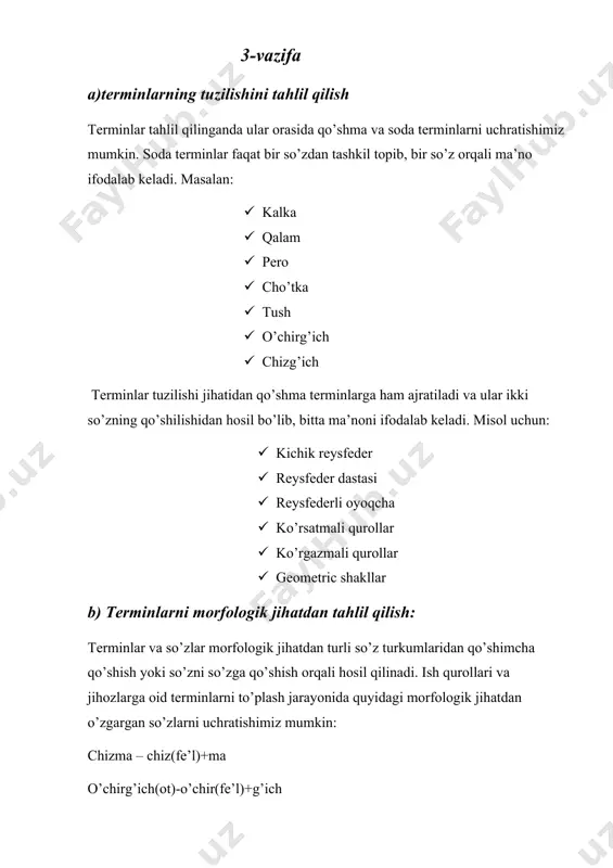 izma chizish uchun ishlatiladi va turli hil qattiqlikda va komplektda bo’ladi. pero chizmachilikda shriftlarni yozish uchun ishlatiladiga yozuv moslamasi. pero tush yordamida yoziladi. o’chirg’ich qalam izini o’chirishda ishlatiladi va yumshoq bo’lishi kerak. chizg’ich chizg’ich qalam bilan to’g’ri chiziqlarni chizish uchun ishlatiladi. uchburchakliklar 38. uchburchakliklar chizma chizishda zarur bo’lgan asboblardan hisoblanadi. ular yordamida perpendikulyar va parallel chiziqlarni aniq va tez o’tkazish mumkin. chizmalar chizishda o’tkir burchaklari 45 gradusli hamda 30 va 60 gradli 2ta uchburchakli bo’lishi kerak. chizma taxtasi chizma taxtalari gost 6671-85 ga muvofiq chizma qog’ozining a3, a2, a1 formatlariga mo’ljallangan, yumshoq daraxt navlaridan tayinlanadi. og’ma burchakli taglik chizma taxtasini stol ustiga biroz qiya joylashtirish uchun ishlatiladigan qiya burchak ostidagi taglik. reysshina reysshina uzun chiziqdan va unga to’gri burchak asosida 2qavat qilib mahkamlangan 2ta kalka plankadan iborat. lekalo sirkul yordamoda chizib bo’lmaydigan egri chiziqlarni chizish uchun ishlatiladi. transporter turli burchaklarni o’lchash yoki yasash uchun transparterdan foydalaniladi. gotovalnya g’ilofga joylashtirilgan chizma …