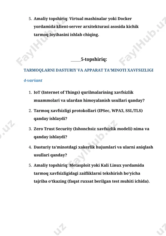 oshlash, boshqarish va yakunlash. · rtp (real-time transport protocol) – ovoz ma’lumotlarini real vaqt rejimida uzatadi. · rtcp (rtp control protocol) – rtp oqimini nazorat qiladi, sifatni baholaydi. · h.323 – sip ga o‘xshash, lekin murakkabroq eski protokol. qisqasi: voip — ovozni ip orqali uzatish, sip aloqa ochadi, rtp esa ovozni tashiydi. 5) amaliy topshiriq: ping buyrug‘i yordamida tarmoq bog‘lanishini tekshirish 1. buyruqni bajarish: komandani terminal yoki buyruq satrida yozing: bash copyedit ping google.com 2. natija misoli: bash copyedit pinging google.com [142.250.186.206] with 32 bytes of data: reply from 142.250.186.206: bytes=32 time=25ms ttl=115 reply from 142.250.186.206: bytes=32 time=26ms ttl=115 reply from 142.250.186.206: bytes=32 time=24ms ttl=115 reply from 142.250.186.206: bytes=32 time=25ms ttl=115 ping statistics for 142.250.186.206: packets: sent = 4, received = 4, lost = 0 (0% loss), approximate round trip times in milli-seconds: minimum = 24ms, maximum = 26ms, average = 25ms 3. tahlil: · reply from – tarmoqga bog‘lanish …