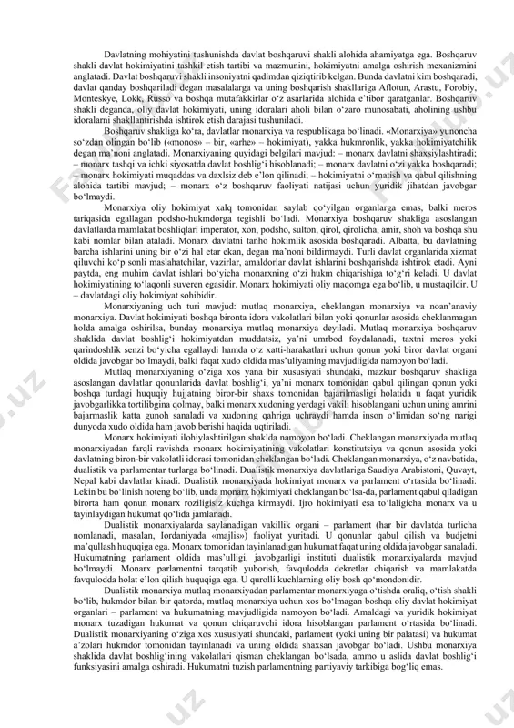 dan foydalaniladi. zero, ushbu uslubdan foydalanilmasa, davlat-huquqiy hodisalar hamda jarayonlarni har tomonlama tartibga solish va taqqoslash mushkul. davlat funksiyalarini o‘rganishda ham tasniflash uslubidan samarali foydalaniladi. u yoki bu funksiyalarni muayyan bir turkumga, guruhga kiritish imkonini beruvchi tasniflash mezonlari, ya’ni belgilari (ularning yig‘indisi) turli xususiyatga ega. masalan, davlat faoliyatining obyektlari va sohalari, hududiy ko‘lamlari, ijtimoiy munosabatlarga davlat tomonidan ta’sir ko‘rsatish usuli, vazifalarning mazmuni bir-biridan farq qiladi. darhaqiqat, ilmiy va amaliy maqsadlarda davlat funksiyalari turli mezonlar bo‘yicha tasniflanishi mumkin. davlat funksiyalari amal qilish vaqti bo‘yicha doimiy va vaqtinchalik funksiyalarga bo‘linadi. doimiy funksiyalar davlat amal qilishining barcha bosqichlarida ro‘yobga chiqariladi. vaqtinchalik funksiyalar ijtimoiy taraqqiyotning o‘ziga xos shart-sharoitlari bois kelib chiqadi va bunday ehtiyojga o‘rin qolmaganidan keyin barham topadi. siyosiy yo‘nalish (ichki va tashqi siyosat) sohalari bo‘yicha davlat funksiyalari ichki va tashqi funksiyalarga bo‘linadi. ichki funksiyalar davlatning mamlakat ichidagi faoliyatini, muayyan jamiyat hayotidagi yetakchilik rolini anglatadi. tashqi funksiyalar esa, mamlakat tashqarisida olib boriladigan faoliyatni …