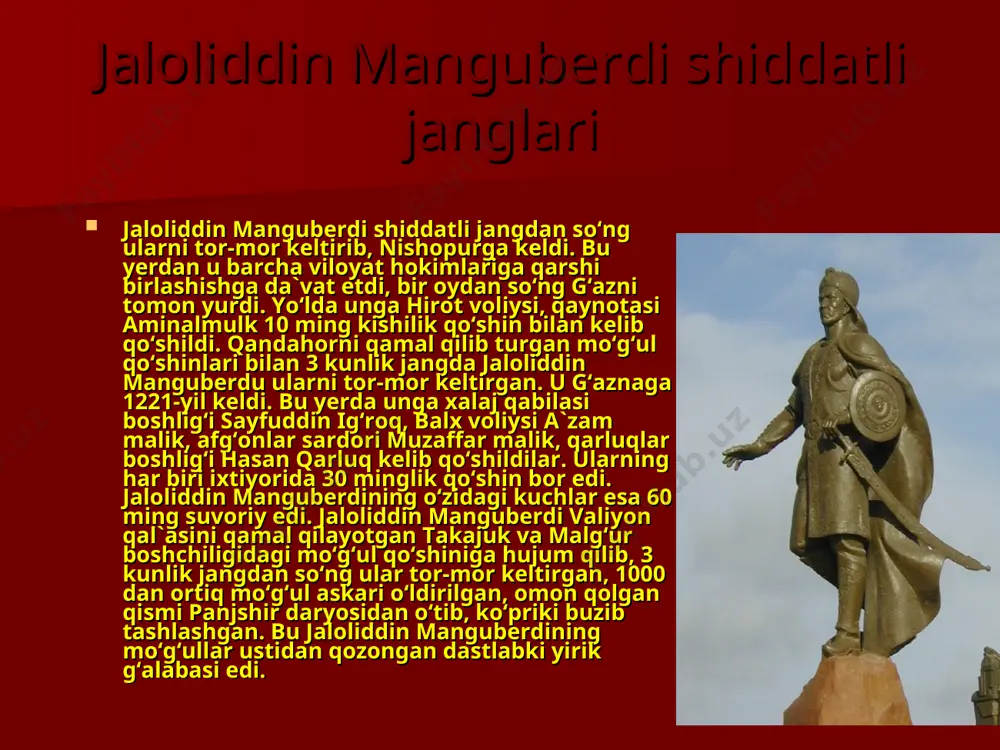 iq qo‘shin bilan yo‘lga chiqadi. biroq jaloliddin manguberdi unga sovg‘a-salomlar bilan miroxur odekni elchi sifatida jo‘natgan va o‘zaro nizoni tinchlik bilan hal etgan. 1225-yil jaloliddin manguberdi ozarbayjonga yurish qiladi. so‘ng bag‘dodga qarshi yurishga hozirlik ko‘radi. xalifa nosirgacha elchi jo‘natib, mo‘g‘ullarga qarshi birlashishga chaqiradi. bunga javoban xalifa jaloliddin manguberdiga qarshi o‘zining mamluki amir jamoliddin qushtemir boshliq 20 minglik qo‘shin jo‘natdi. basra yaqinidagi jangda xalifa qo‘shinlari tor-mor keltirildi. xalifa bag‘dod mudofaasi bilan mashg‘ul bo‘ladi. jaloliddin manguberdi bag‘dod atrofida 12 kun turgach, ozarbayjon tomon ketadi. ozarbayjon va arron otabegi o‘zbek ichkilik, maishatga berilib davlat ishlarini o‘z holiga tashlab qo‘ygan edi, davlatni amalda uning xotini malika xotun boshqarardi. 1225-yil mayda jaloliddin manguberdi marog‘a shahrini jangsiz qo‘lga kiritadi. jaloliddin manguberdi haqida uning shaxsiy kotibi, tarixchi nasaviy shunday yozadi: “jaloliddin qorachadan kelgan, o‘rta bo‘yli, turk lafzli odam edi. fors tilini ham yaxshi bilardi. uning botirligiga kelganda shuni aytish kerakki, sulton arslonlar orasidagi eng kuchli sher edi. …