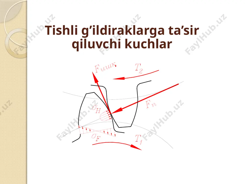 б кетиши. бундай ходиса, асосан катта тезлик ва катта юкланиш билан ишлайдиган узатмаларда учрайди. иссиқлик миқдорини кўпайиши тишлар сиртининг айрим жойларида мой қатлами узилиб, металлар бевосита туташади. бу хол бир неча бор такрорлангандан сўнг иссиқлик шундай даражага етадики, мустахкамлиги камроқ бўлган ғилдирак тишининг айрим жойлари иккинчи ғилдирак тишига ёпишиб чиқади. ҳосил бўлган металл заррачалар иш давомида, шу тиш билан илашишда бўлган тиш сиртини сидириб чиқа бошлайди. бундай емирилишнинг олдини олиш чоралари: тиш сиртининг қаттиқлик чегарасини ошириш, узатма қизиб кетмаслик учун совитиб туриш ва махсус сидирилишга қаршилик кўрсатадиган мой ишлатилади. тишларнинг синиши. тишларининг синишига 2 хил сабаб бор: юклама ўта катта бўлиши, бунда тишда хосил бўлган кучланиш материални рухсат этилган кучланишидан ортиб кетади. зарбли юкланиш хам тишларнинг синишига олиб келади. синишнинг олдини олиш учун махсусюкланишни чегараловчи мосламалар ишлатилади. толиқиш натижасида синиш асосан ўзгарувчи кучланишни узоқ вақт давомида таъсир этиши билан боғлиқдир. умумий холда тишларни синишдан сақлаш учун модулни катталаштириш, тишларни ўзгартириш …