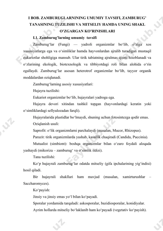 bo‘lgan har xil muhitlarda uchraydi. 1.1.1-rasm. ko‘p uchraydigan vakillar: mucor, rhizopus (non qolipi) aspergillus, penicillium (antibiotik ishlab chiqaruvchi) candida albicans (inson og‘iz va ichak mikroflorasida) agaricus bisporus (oq qo‘ziqorin – oziq-ovqatda)(2-rasm). claviceps purpurea (ruknli zamburug‘, zaharli)(3-rasm) ekologik va amaliy ahamiyati tabiatdagi roli: organik moddalarning parchalanishida ishtirok etib, modda aylanishini ta’minlaydi. 2-rasm. agaricus bisporus 3-rasm. claviceps purpurea (ruknli zamburug‘, zaharli) mikoriza zamburug‘lari o‘simliklar bilan simbiyotik aloqada bo‘lib, ularning oziqlanishini yaxshilaydi. biotexnologiyada: xamirturushlar yordamida etil spirti, non, pivo, sirka ishlab chiqariladi. penicillium notatum dan penitsillin antibiotigi olinadi. tibbiyot va farmatsiyada: antibiotiklar, immunosupressorlar va fermentlar ishlab chiqarishda keng qo‘llaniladi. zararli ta’siri: ayrim zamburug‘lar o‘simlik va hayvonlarda kasalliklar chaqiradi (fitopatogen va mikozlar). miko-toksin ishlab chiqaruvchi zamburug‘lar oziq-ovqat zaxirasini zaharlashi mumkin. zamburugʻlarning o‘ziga xosliklari: o‘simliklarga o‘xshash harakatsizlik, ammo hayvonlarga o‘xshash oziqlanish tipi. hujayra devorining xitindan iboratligi. sporalar orqali ko‘payishi va mitseliy hosil qilishi. hayotiy shakllarining moslashuvchanligi: quruqlikka, sovuqqa, kimyoviy moddalarga chidamli. zamburugʻlarning kelib chiqishi va …
