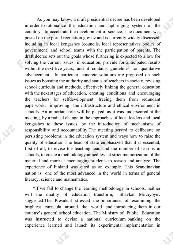quality of education transform,” shavkat mirziyoyev suggested.the president stressed the importance of examining the brightest curricula around the world and introducing them in our country’s general school education. the ministry of public education was instructed to devise a national curriculum banking on the experience learned and launch its experimental implementation in the learning process starting from the 2021/2022 academic year. for the effective introduction of new approaches, all school teachers will be trained via video communication with the participation of foreign experts. pedagogical institutions will be instrumental in the process, and the methodology for training the educators will be updated. the best foreign textbooks on school subjects of mathematics, physics, chemistry, biology and computer science will also be studied thoroughly. the president reminded the hokims of their personal responsibility for solving such economic issues of schools as renovation of buildings, delivery of better conditions, guaranteed heating. shavkat mirziyoyev insisted that …