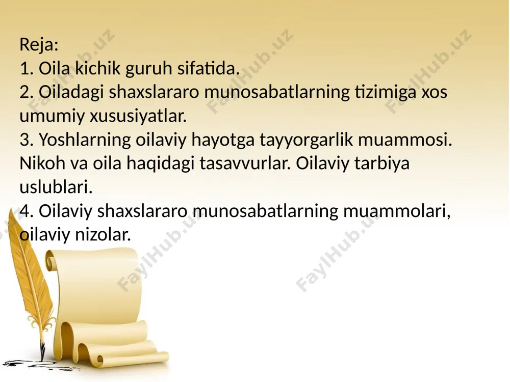 ga ega boʻlgan er-xotin munosabatlari shakllanishining eng nozik va hal qiluvchi shakli hisoblanadi. hukumatimiz tomonidan yosh oilalar, ularning mustaqilligini taʼminlash va ulardan ijtimoiy, iqtisodiy va maʼnaviy qoʻllab-quvvatlash, ya'ni oilaning barqarorligini taʼminlashga imkoniyatlar yaratish borasida ham bir qator ishlar amalga oshirilmoqda. er-xotinning oʻzaro qovushuvi shartli 3 turga boʻlinadi. 1. biologik qovushuv. 2. psixologik qovushuv. 3. sotsial ( ijtimoiy) qovushuv. oilaning mustahkam boʻlishi,er-xotinning baxtiyor, tinch-totuv yashashlarida ularning oʻzaro qovushuvi, bir-biriga boʻlgan mustahkam ishonchi va , albatta, bir-birini tushunishi muhim rol oʻynaydi. oilaviy munosabatlarda muloqot jarayonida yuzaga keladigan toʻsiqlar. 1. vaziyatlilik 2. mazmuniy 3. motivatsion xalqaro jurnalistika diplomatiya bilan uzviy bogliq bolib, u xalqlar ortasidagi ozaro hamkorlikning ijtimoiy, huquqiy va siyosiy meyorlaridan keng foydalanilish zaruratiga alohida etibor qaratadi e’tiboringiz uchun raxmat image1.jpeg image2.png image3.jpeg image4.png image5.jpeg image6.png image7.png image8.jpeg image9.jpeg image10.jpeg image11.png image12.jpeg image13.jpeg image14.jpeg image15.png image16.jpeg image17.png image18.jpeg image19.jpeg image20.jpeg image21.jpeg