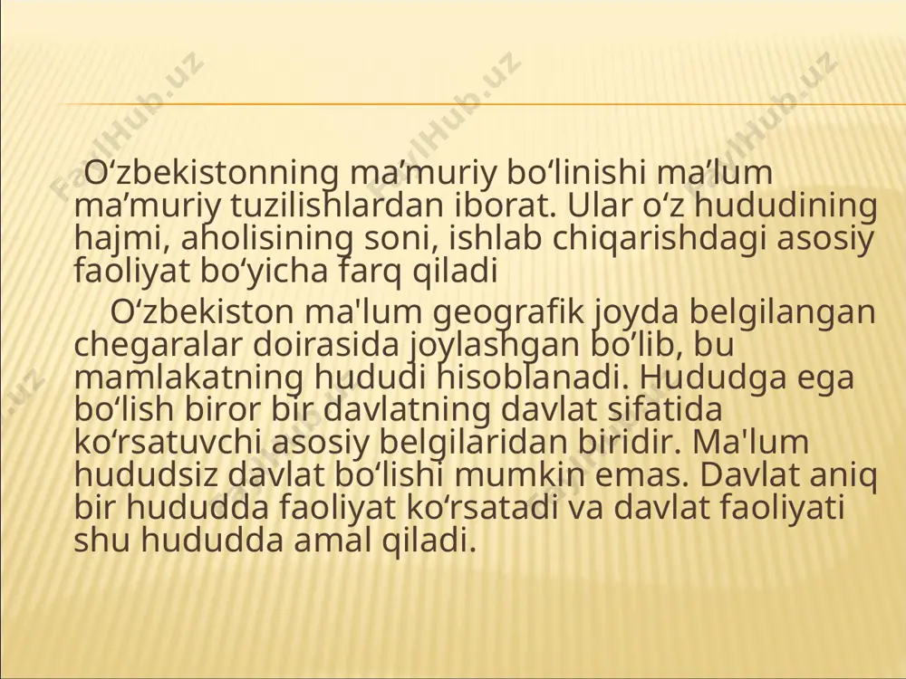 maqomi, ularni belgilash tartibi respublikada bitta shahar - toshkent respublikaga bo‘ysunuvchi yagona shahardir. shuning uchun ham uning maqomi viloyatlarga tenglashtirilgan. respublikamizda, shuningdek qoraqalpog‘iston respublikasida, viloyatga bo‘ysunuvchi shaharlar turkumiga qoida tariqasida aholisi kamida o‘ttiz ming bo‘lgan, muayyan ma'muriy ahamiyat kasb etadigan, istiqbolli iqtisodiy va madaniy markazlar deb hisoblangan shaharlar kiritilishi mumkin. foydalanilgan adabiyotlar 1. allan ides christopher n. may constitutional law - individual rights. fifth edition 2012. 2. o’zbekiston respublikasining konstitutsiyasi t. “o’zbekiston” 2019 3. b.t. musayev, k.r. aliyeva, b.narimanov “o’zbekiston respublikasining konstitutsiyaviy huquqi” darslik. t. 2019 4. a. azizxo‘jayev va boshq. o‘zbekiston respublikasining konstitutsiyasiga sharh. t., «o‘zbekiston», 2008. 5. o.t.husanov konstitutsiyaviy huquq atamalari. t.,«sharq», 2015. 6. o.t.husanov “konstitutsiyaviy huquq” t.”ilm-ziyo” 2017