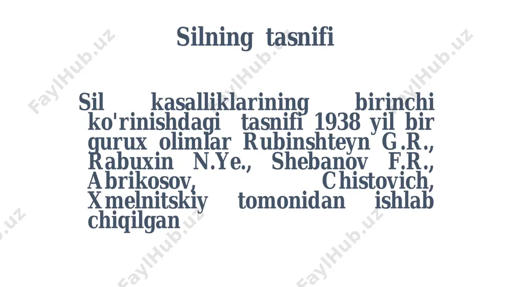 hi spontan pnevmot oraks o'pka yurak etishmov chiligi atelektaz amiloido z oqma yaralar g. davolagan tuberkulyozni qoldiq o'zgarishlar a. nafas olish aъzolaridagi: fibrozli fibroz-o'choqli bullyoz-distofik kalьtsinatli o'pka va limfa tugunlari plevropnevmoskleroz sirroz amaliyotdan keyingi xolat mbtning organizmga kirish yo'llari aerogen 95 % hollarda abrikosov, ranke va boshq. alimentar va limfoid to'qima orqali ye. bering i k. konstantinini mbt tarqalish yo'llari silning klinik shakllari dolokal shakllari viraj erta zaxarlanish surunkali zaxarlanish latent sil paraspetsifik reaksiyalar tugunchali eritema fliktena va kerotakonyuktivit blefarit sil intoksikatsiyasining klinik kechishi davri: sil intoksikatsiyasining barvaqt davri. sil intoksikatsiyasining surunkali davri. sil intoksikatsiyasining barvaqt davri ish qobilyatini buzilishi nerv sisitemasi funktsiyasi buzilishi asabiylik injiqlik yig'loqilik uyquning buzulishi bosh og'rishi tez charchab qolish tana xaroratining 37°s – 37,5°s ishtaxaning kamayishi bo'g'imlarda og'riq yurak atrofida og'riq yo'talish xirillashning paydo bo'lishi limfa tugunlarini kattalashishi sil intoksikatsiyasining surunkali davri ko'krak qafasi yassilashadi juda kam harakat emotsiyasi kuchli lekin malum vaqt o'tgach asab …