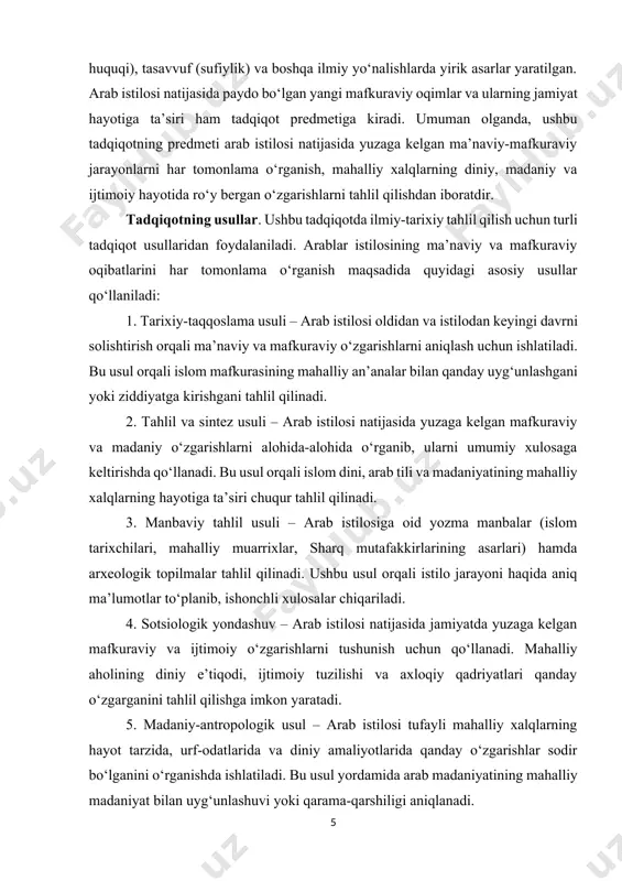 ’siri o‘rganiladi. ushbu usullar yordamida arab istilosining ma’naviy va mafkuraviy oqibatlari ilmiy asosda har tomonlama o‘rganilib, uning tarixiy va zamonaviy ta’siri haqida ishonchli xulosalar chiqariladi. tadqiqotning maqsadi. ushbu tadqiqotning asosiy maqsadi — arablar istilosining markaziy osiyo, xuroson va boshqa mintaqalarga ko‘rsatgan ma’naviy va mafkuraviy ta’sirini har tomonlama o‘rganish, islom dini va arab madaniyatining mahalliy xalqlarning hayoti, dunyoqarashi va ijtimoiy tuzilishiga qanday o‘zgarishlar kiritganini tahlil qilishdir. tadqiqot davomida quyidagi muhim masalalar o‘rganiladi: arab istilosi natijasida islom mafkurasining tarqalish jarayoni va uning mahalliy madaniyatga ta’siri; arab tili va yozuvining mintaqaga kirib kelishi hamda mahalliy tillarga ko‘rsatgan ta’siri; islom dini asosida shakllangan yangi mafkuraviy tamoyillar va ularning jamiyat hayotiga ta’siri; mahalliy xalqlarning diniy e’tiqodlari, urf-odatlari va madaniy merosining qanday o‘zgarishlarga uchragani; arab istilosining mahalliy ilm-fan, adabiyot va falsafa rivojiga ta’siri; islom ta’limoti va arab mafkurasining mahalliy siyosiy va ijtimoiy tizimlarga integratsiyalashuvi; arab istilosining uzoq muddatli oqibatlari va uning bugungi kundagi aks-sadosi. tadqiqotning yakuniy …