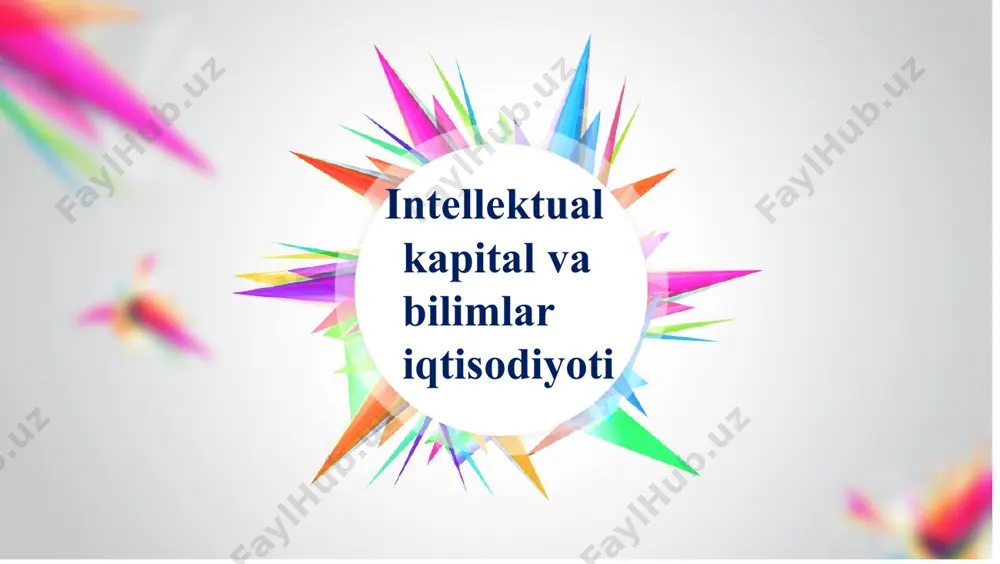 niyadan keyin o’z fikringizni bildiring – bu mualliflik huquqlari, patentlar, tovar belgilari, sanoat namunalar va boshqa intellektual aktivlarni bozorda iqtisodiy foyda keltiradigan mahsulot yoki xizmatga aylantirish jarayoni. intellektual mulkni tijoratlashtirish intellektual mulkni tijoratlashtirish quyidagi sabablarga ko‘ra zarur innovatsion rivojlanishni rag‘batlantiradi – yangi texnologiyalarni ishlab chiqish va joriy qilishga turtki bo‘ladi. foyda va investitsiyalarni oshiradi – intellektual aktivlardan daromad olish imkonini beradi. bozordagi raqobatbardoshlikni kuchaytiradi – kompaniyaning noyob texnologiyalar va brendlar yordamida ustunlikka erishishiga yordam beradi. ilmiy tadqiqot va ishlanmalarni amaliyotga joriy qiladi – akademik va ilmiy ishlanmalarni amaliy mahsulotga aylantirish imkonini yaratadi. intellektual mulkni tijoratlashtirish bosqichlari: intellektual mulkning bozordagi qiymatini baholash. intellektual mulkni tijoratlashtirish bosqichlari 1. intellektual mulkni aniqlash va baholash 2. huquqiy himoyani ta’minlash patent olish, tovar belgisini ro‘yxatdan o‘tkazish yoki mualliflik huquqlarini rasmiylashtirish. huquqiy hujjatlarni tayyorlash va qonuniy muhofaza qilish chora-tadbirlarini ko‘rish. raqobatchilar va muqobil mahsulotlarni tahlil qilish. tijoratlashtirish strategiyasini ishlab chiqish (litsenziyalash, ishlab chiqarish, franchayzing). 1 3. …