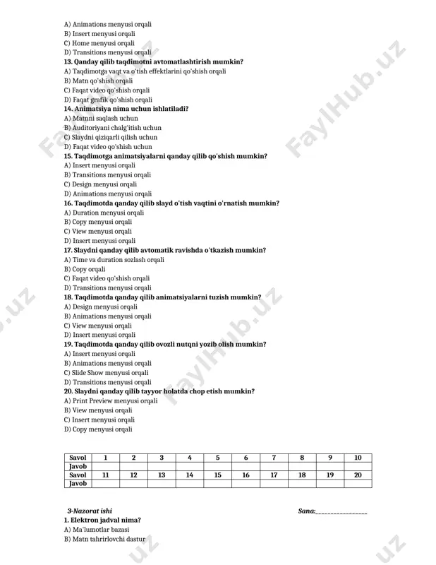 n ishlatiladi? a) katakni ochish uchun b) jadvalni tahrirlash uchun c) ma'lumotlarni tanlash uchun d) ma'lumotlarga qarab katakning rangini o'zgartirish uchun 16. elektron jadval qanday vosita yordamida grafik yaratadi? a) drawing tool b) insert bo'limi c) sum funksiyasi d) pen tool 17. elektron jadval nima uchun tekshiriladi? a) formulalar to'g'ri ishlayotganini bilish uchun b) yangi jadval yaratish uchun c) jadvalni saqlash uchun d) kataklar rangini o'zgartirish uchun 18. kataklardagi ma'lumotlar qanday sinovdan o'tkaziladi? a) sum funksiyasi orqali b) kalkulyator orqali natijalarni solishtirish c) ma'lumotlarni ko'chirish orqali d) ma'lumotlarni o'chirish orqali 19. elektron jadvalda ma'lumotlarni qanday formatlash mumkin? a) chegara va rang qo'shish orqali b) ma'lumotlarni o'chirish orqali c) grafik tuzish orqali d) sum buyrug'ini qo'shish orqali 20. modellashtirish jarayonida qaysi vosita ishlatiladi? a) ma'lumotlar kiritish b) grafik tuzish c) ranglarni o'zgartirish d) formulalarni sinab ko'rish savol 1 2 3 4 5 6 7 8 9 10 javob savol 11 12 …