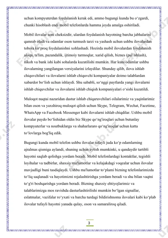 animatsiyalar yordamida ta'lim: mobil ilovalar yordamida videolar va animatsiyalar tashkil etish o‘rganish kerak. bu, o‘quvchilarga ko‘proq vizual ko‘rsatish beradi va qiziqarli bo‘ladi. 2. interaktiv testlar yordamida ta'lim: mobil ilovalar yordamida interaktiv testlar tashkil etish ham o‘quvchilarga o‘rganishni osonlashtiradi. bu ko‘rinishda, o‘quvchilar o‘zlarining nima bilganligini tekshirib ko‘rishlari mumkin. 3. o‘yinlar yordamida ta'lim: o‘yinlar mobil ilovalar orqali o‘quvchilarning o‘rganishni qiziqqanlik bilan birga yo‘lga qo‘yishi mumkin. 4. virtual darslar yordamida ta'lim: virtual darslar mobil ilovalar orqali tashkil etilishi mumkin. bu shaklda, o‘quvchilar o‘z vaktilariga mos keladigan darslarni tinglashlari mumkin. 5. podkastlar yordamida ta'lim: podcasts mobil ilovalar orqali o‘quvchilarga yangiliklarni va fikrlarni eshitish imkoniyatini beradi. 6. qo‘llanmalar yordamida ta'lim: mobil ilovalar orqali qo‘llanmalar tayyorlash ham o‘quvchilar uchun foydali bo‘ladi, ularning muammolarni hal qilishda va savollarga javob topishda yordam beradi. 7. onlayn konsultatsiyalar yordamida ta'lim: mobil ilovalar orqali o‘quvchilarga onlayn konsultatsiyalar tashkil etish mumkin. bu shaklda, o‘qituvchilar o‘quvchilarga bir-biriga aloqaga chiqishlari mumkin va savollarga javob …