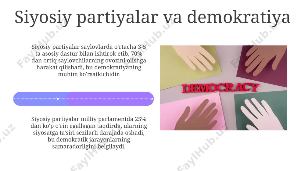 siy partiyalarga millionlab dollarlarni xayriya qilishadi, bu esa siyosiy ta'sir o'tkazish imkoniyatlarini oshiradi va potensial korruptsiya xavfini tug'diradi. siyosiy partiyalarni moliyalashtirishning shaffofligi darajasi turlicha bo'lib, ba'zi davlatlarda 90% dan ortiq mablag'larning manbai ochiq e'lon qilinadi, boshqalarida esa atigi 20% atrofida. siyosiy partiyalarning kelajagi raqamli texnologiyalar va ijtimoiy tarmoqlar siyosiy partiyalarning saylov kampaniyalari va jamoatchilik bilan aloqalarini tubdan o'zgartirib, yangi strategiyalarni talab qilmoqda. 2030 yilga borib, siyosiy partiyalarning a'zolik tizimi va ichki tashkiloti yangi, ehtimol yanada demokratik va shaffof tamoyillarga asoslangan holda qayta qurishga majbur bo'ladi. siyosiy partiyalar va ommaviy axborot vositalari so'nggi 10 yil ichida siyosiy partiyalar tomonidan ommaviy axborot vositalarida yolg'on va noto'g'ri ma'lumotlar tarqalishi bilan bog'liq 300 dan ortiq holat qayd etilgan, bu esa demokratiya va ochiqlikka tahdid soladi. oav orqali siyosiy partiyalar jamoatchilik fikrini shakllantirishga, saylovchilarning 70% dan ortig'i televidenie va internet orqali siyosiy axborotlarni olishini hisobga olgan holda, sezilarli ta'sir ko'rsatishi mumkin. e'tiboringiz uchun rahmat @taqdimot_robot …