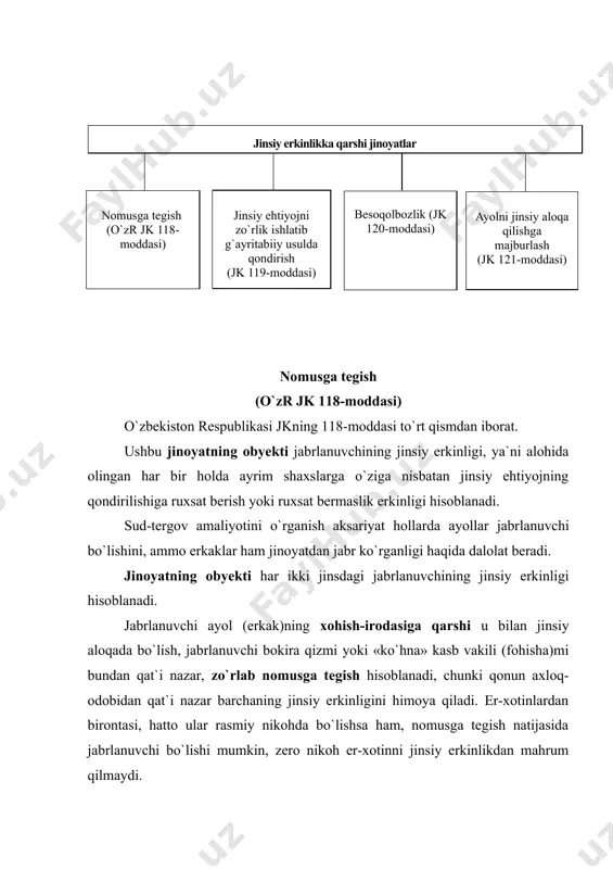 adaniga og`ir shikast yetkazilgan hollarda aybdorning qilmishi o`zbekiston respublikasi jk 118-moddasi 1-qismi va jk 104-moddasi bilan jinoyatlar jami bilan kvalifikatsiya qilinadi. odatda zo`rlik ishlatish va qarshilik ko`rsatish bir-biri bilan bog`liq bo`ladi, qarshilik kuchaygani sayin zo`rlik ham kucha​yib boraveradi. lekin alohida olingan har bir holda qarshilik samimiy yoki soxta, mug`ombirlik yoxud qichiq yo`sinida bo`lganligi aniqlanishi zarur. basharti jabrlanuvchi samimiy qarshilik ko`rsatmagan bo`lsa, aybdorning harakati nomusga tegish tarkibini tashkil etmaydi. nomusga tegish vaqtidagi qo`rqitish deganda, jabrlanuvchiga nisbatan yoki uning irodasini sindirish maqsadida uning yaqin kishilariga nisbatan qo`llaniladigan turli xil ruhiy ta`sir vositalarini tushunish lozim. qo`rqitish va uni amalga oshirish imkoniyati jabrlanuvchini shunday ahvolga solib qo`yishi kerakki, u aybdorning shahvoniy intilishlariga qarshilik ko`rsata olmay qolgan bo`lishi lozim. qo`rqitish og`zaki, qo`rqinchli imo-ishoralar, qurol yoki jabrlanuvchining sog`lig`iga shikast yetkazishi mumkin bo`lgan jism bilan qo`rqitib, mol-mulkni nobud qilish bilan qo`rqitish, sharmanda qiluvchi ma`lumotlarni oshkor etish bilan qo`rqitish va hokazolar tarzida ifodalanishi mumkin. jabrlanuvchining irodasini sindirish usuli …