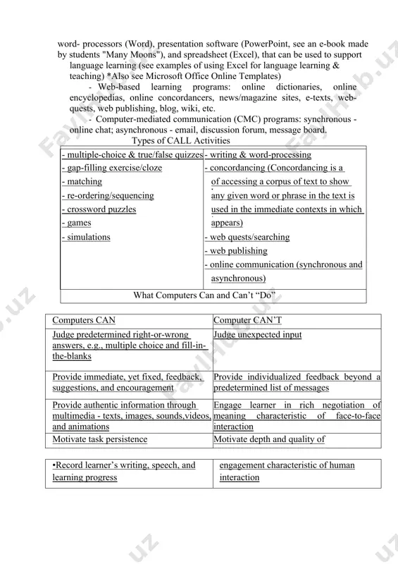 based foreign-language-teaching project at stanford university, led the way in the evolution of call. over the last few years, there has been a flurry of largely unrelated activity in call. all of these are prompted by the emergence of inexpensive microcomputer systems. although the computer’s educational potential was being discussed as far as back as the late 1940’s, it took some time for educators to begin to assess the educational nature of the computer, and the ways in which it could be adapted to, and integrated into, learning programs and curricula. modern call is the result of the convergence of several lines of research into the use of computers in handling language. except the work directly concerned with language teaching and the history of the component of call, there are three other lines of research which have had an important influence on the evolution of call: experiments in programmed instruction, …