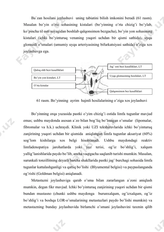 xos joylashuvi bo’yinning orqa yuzasida pastki o’yim chizig’i ostida limfa tugunlar mavjud emas; ushbu maydonda asosan a`zo bilan bog’liq bo’lmagan o’smalar (lipomalar, fibromalar va h.k.) uchraydi. klinik yoki uzi tekshiruvlarida ichki bo’yinturuq zanjirining yuqori uchdan bir qismida aniqlangan limfa tugunlar aksariyat (60%) sog’lom kishilarga xos belgi hisoblanadi. ushbu maydondagi reaktiv limfadenopatiya jarohatlarda yoki yuz terisi, og’iz bo’shlig’i, xalqum yallig’lanishlarida paydo bo’lib, ancha vaqtgacha saqlanib turishi mumkin. masalan, surunkali tonzillitning deyarli barcha shakllarida pastki jag’ burchagi sohasida limfa tugunlar kattalashganligi va qattiq bo’lishi (blyumental belgisi) va paypaslanganda og’rishi (goldman belgisi) aniqlanadi. metastazni joylashuviga qarab o’sma bilan zararlangan a`zoni aniqlash mumkin, degan fikr mavjud. ichki bo’yinturuq zanjirining yuqori uchdan bir qismi bundan mustasno (chunki ushbu maydonga burunxalqum, og’izxalqum, og’iz bo’shlig’i va boshqa lor-o’smalarining metastazlari paydo bo’lishi mumkin) va metastazning bunday joylashuvida birlamchi o’smani joylashuvini taxmin qilib bo’lmaydi. shu bilan bir vaqtda bo’yin limfa tugunlariga tarqalgan metastazlar orasida ushbu maydon metastazlari 70% ni …