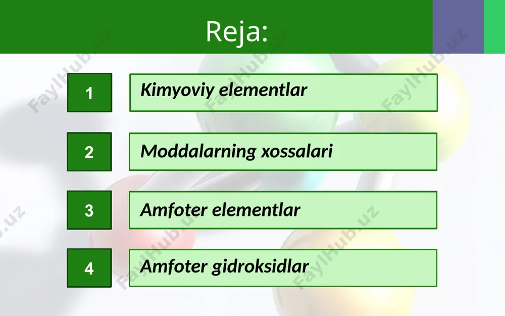 matlari bilan metallga o‘xshasa-da, lekin metallmasdir. metallarga ham, metallmaslarga ham xos bo‘lgan xususiyatlarni namoyon qiluvchi elementlar amfoter elementlar deb ataladi. fizik xossalariga ko‘ra rux, aluminiy metall, kimyoviy xossalariga ko‘ra metallmaslarga ham, metallarga ham o‘xshaydi. rux asos xossalarini ham, kislota xossalarini ham namoyon qiluvchi gidroksidlar amfoter gidroksidlar deyiladi. amfoter oksid, amfoter gidroksid hosil qiluvchi elementlar amfoter elementlardir. ayrim kimyoviy elementlarning quyi valentli oksidlari asosli xossaga, yuqori valentli oksidlari kislotali, oraliq valentli oksidlari esa amfoter xossaga ega bo‘ladi. image2.jpg image3.jpeg image4.jpeg image5.jpeg image6.jpeg image7.jpeg image8.jpeg image9.jpeg image10.jpeg image11.jpeg image12.jpeg image13.jpeg image14.jpeg image15.jpeg image16.jpeg image17.jpeg image18.jpeg image19.jpeg image20.jpeg image21.gif image22.jpeg image23.jpeg image24.jpeg image25.jpeg image26.jpeg image27.jpeg image28.png image29.jpeg image30.jpeg image31.jpeg image32.jpeg image33.jpeg image34.jpeg image1.jpg