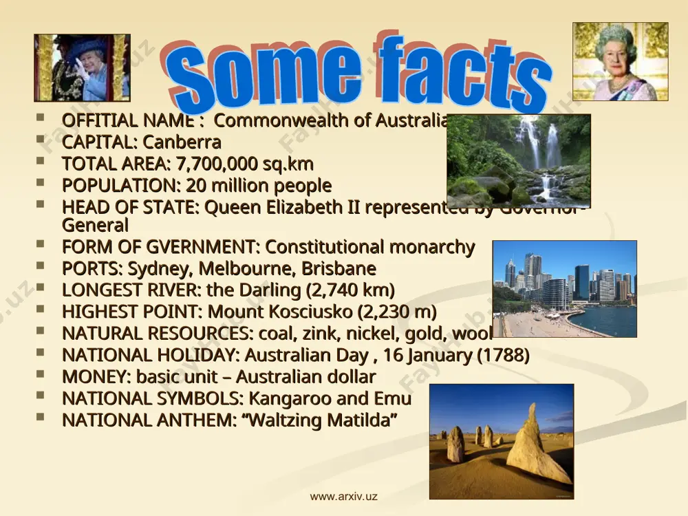 is the oldest and largest? a. canberra b. sydney c. darwin - which is a popular australian animal? a. bear b. kangaroo c. fox - who are the australian natives? a. eskimos b. aborigines c. indians - who discovered australia? a. columbus b. captain cook c. lewis and clark - what is the official language in australia? a. english b. german c. spain www.arxiv.uz www.arxiv.uz hobart perth adelaide victoria melbourne sydney new south wales south australia brisbane tasmania western australia queensland www.arxiv.uz www.arxiv.uz hobart perth adelaide victoria melbourne sydney new south wales south australia brisbane tasmania western australia queensland www.arxiv.uz www.arxiv.uz tell about australia using the chart geographical location: … south of asia, between … and … oceans. …in the southern hemisphere. capital: … total area: … square kelometres. population: …people. native australians: … principal towns: … sydney, melbourne, brisbane. world’s famous sights: … principal industries: … wool, metals and …