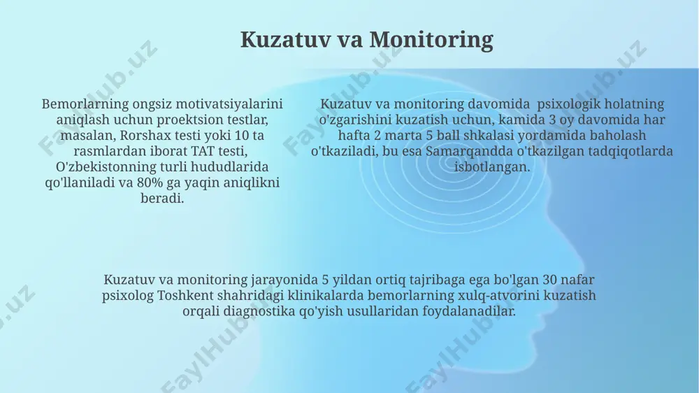 avotirlilik darajasini aniqlashga yordam beradi. rorschach testi kabi proektiv testlar, 10 ta noaniq tasvirlarni talqin qilish orqali, bemorning fikrlash uslubi, his-tuyg'ulari va ichki dunyosi haqida ma'lumot beradi va ko'plab mamlakatlarda, jumladan, aqsh va germaniyada qo'llaniladi. proyektiv testlar tematik aperseptiv test (tat) kabi proyektiv testlar, shaxsning 30 ga yaqin rasmlarga asoslangan hikoyalar tuzish orqali, uning motivatsiyasi, munosabatlari va ichki dunyosi haqida ma'lumot beradi va ko'pincha aqsh da qo'llaniladi. uy, daraxt, odam rasmlari testi (htp) kabi proyektiv testlar, 3 ta oddiy rasm orqali bolalar va kattalarning psixologik holatini baholashda samarali vosita hisoblanadi va butun dunyo bo'ylab, jumladan, o'zbekistonda ham qo'llaniladi. proyektiv testlar, masalan, rorschach syohi dog'lari testi, 1921-yilda germaniyaning syuyts shahrida yaratilgan bo'lib, shaxsning bilinçaltı fikrlarini va his-tuyg'ularini aniqlashga yordam beradi va 10 ta standart syohi dog'laridan foydalanadi. diferensial diagnostika дифференциал диагностика жараёнида беморнинг шахсий тарихи, 3 та асосий психодинамик механизм (масалан, проекция, рационаллаштириш, инкор этиш) ва 7 йил давомида кузатилган клиник …