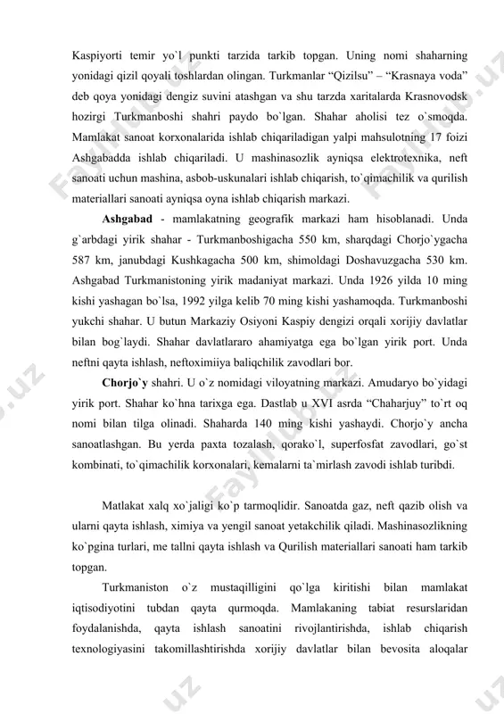 t xalq xo`jaligi ko`p tarmoqlidir. sanoatda gaz, neft qazib olish va ularni qayta ishlash, ximiya va yengil sanoat yetakchilik qiladi. mashinasozlikning ko`pgina turlari, me tallni qayta ishlash va qurilish materiallari sanoati ham tarkib topgan. turkmaniston o`z mustaqilligini qo`lga kiritishi bilan mamlakat iqtisodiyotini tubdan qayta qurmoqda. mamlakaning tabiat resurslaridan foydalanishda, qayta ishlash sanoatini rivojlantirishda, ishlab chiqarish texnologiyasini takomillashtirishda xorijiy davlatlar bilan bevosita aloqalar o`rnatilmoqda, sarmoyalar olinmoqda, ishbilarmon mutaxassis kadrlar moddiy ishlab ciqarishning turli sohalariga jalb qilinmoqda. mamlakat iqtisodiyotida qishloq xo`jaligining ulushi katta. barcha ekin maydonlarining 54 foiziga paxta ekiladi. bu yerda yiliga 530-540 ming gektar yerga paxta ekiladi va 1250-1275 ming tonna atrofida yalpi paxta hosili yig`ishtirilib olinadi. turkmakiston paxta tolasi ishlab chiqarish bo`yicha jahonda ilg`or paxtakor mamlakatlar qatorida, mod da esa ikkinchi o`rinda turadi. paxtachilikni izchillik bilan rivojlanttirish uning issiq iqlimga moslashgan “ash” va “iolotan” navlarini yaratish va rayonlashtirish mamlakat iqtisodiyotini ko`tarmoqda va valyuta fondini boyitmoqda. qishloq xo`jaligida mamlakat o`z …