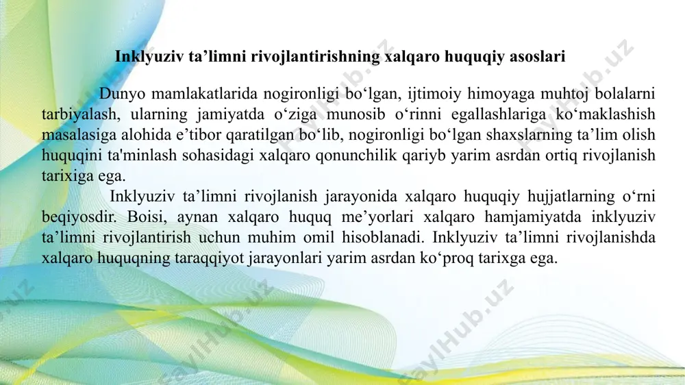 bayon etilgan. barcha uchun ta’lim olish imkoniyatini yaratish, ta’limdagi tenglikni ta’minlash, ta’lim natijalariga etibor qaratish, ta’lim olish shart-sharoitlarini yaxshilash va hamkorlik aloqalarini mustahkamlash mazkur deklaratsiyaning asosiy jihatlari va tamoyillari sirasiga kiradi. har bir bolaning mukammal va to’laqonli ta’lim olishi kafolatlanadi salamanka deklarasiyasi ispaniyaning salamanka shahrida dunyoning 92 davlati va 25 ta xalqaro tashkilot vakillari ishtirokida salamanka deklarasiyasi qabul qilingan. unda alohida e’tiborga muhtoj bolalar, yoshlar va yoshi kattalarga oddiy ta’lim tizimi doirasida ta’lim berish zarur va kerak ekanligini tan olgan holda, barcha uchun maxsus ta’limning tamoyillari, islohotlari bo‘yicha “salamanka bayonoti” qabul qilingan. unda hammaga quyidagicha da’vat qilingan: “biz barcha davlatlarni chorlaymiz va murojaat qilamiz: inklyuziv ta’lim tamoyilini qonun yoki islohot, deb qabul qiling” “nogironlar huquqlari to‘g‘risida”gi konvensiya 2006 yil 13 dekabrda qabul qilingan “nogironlar huquqlari to‘g‘risida”gi xalqaro konvensiyaning ratifikatsiya qilinishi imkoniyati cheklangan insonlarning boshqalar bilan teng bо‘lgan huquq va imkoniyatlarni kafolatlash, ijtimoiy va iqtisodiy huquqlarini ta’minlash, himoya qilish va rivojlantirish …