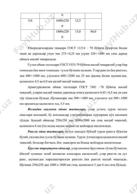 нг ёруғлик ўтказувчанлиги 70% 3 қаватли –стеклопакетнинг ёруғлик ўтказувчанлиги 60% ойнак блоклар девор оралари тўлдириш, ўзини кўтарувчи ўровлар ўрамида қўлланилади. блоклар ташқи юзаси силлиқ, ички юзаси эса қобирғали. улар квадрат еки тўғри тўртбурчак ва бурчакли бўлади. ёруғлик ўтказувчанлиги 50-55% 5.6.5.жадвал блок тури маркаси щлчами оғирлиги квадрат бк 294/98 бк 244/98 бк194/98 бк 194/60 294х294х98 244х244х98 194х194х98 194х194х60 5,8 4,3 2,8 2,1 тўғри тўртбурчак бп 194/94/98 194х94х98 1,6 бурчакли бу 194/98 194/60 194х98 194х60 1,8 2,2 профилли ойна – гост 21992-76 бўйича турли профилдаги узун ўлчамли элемент. рангли ва рангсиз, шунингдек арматураланган ишлаб чиқарилади. қурилишда энг кўп ишлатиладигани (коробкасимон, швеллер турли ва қобирғали) формада. швеллер типидаги 3 м; коробка типидаги эса 5 м узунликда ишлаб чиқилади. қурилишга асосан махсус буюртма билан олиб келинади. 5.6.6.жадвал маркаси кесими щлчамлари, мм 1м оғирлиги кг эни баландлиги қалинлиги кп 250 (скп-250) коробкали 2455 50 5,5 8,8 кп 300 (скп-300) коробкали 2955 50 5,5 10,5 шп-250 …
