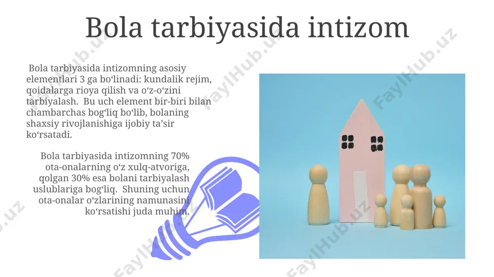 a undaydi. mehnat tarbiyasi bolaning 10 ta asosiy ko'nikmasini rivojlantirishga hissa qo'shadi, jumladan, intizomlilik, sabr-toqat va muammolarni hal qilish qobiliyatini o'z ichiga oladi. oilaviy tarbiyada davlatning roli oilaviy ta'limni qo'llab-quvvatlash maqsadida davlat tomonidan kam ta'minlangan oilalarga oylik nafaqalar va moddiy yordamlar, ya'ni o'rtacha 150 ming so'm miqdorida, ajratiladi. davlat maktabgacha ta'lim muassasalarining sonini 30% ga oshirish orqali bolalarni ijtimoiylashtirish va bilim olish imkoniyatlarini kengaytirib, oilalarni qo'llab-quvvatlaydi. oilaviy an'analar va qadriyatlar an'anaviy oilaviy qadriyatlar, ya'ni hurmat, mehr-oqibat va o'zaro yordam kabi tushunchalar, 5 yoshgacha bo'lgan bolaning axloqiy-ma'naviy tarbiyasida asosiy rol o'ynaydi. oilaviy an'analar, bolaning shaxsiy rivojlanishiga 30% gacha ta'sir ko'rsatishi mumkin, bu esa ijtimoiy moslashuvchanlik va mustaqil fikrlash qobiliyatini shakllantirishda muhim ahamiyatga ega. ijtimoiy moslashuvchanlik 01 02 oilaviy tarbiyaning samaradorligi, 70% dan ortiq darajada farzandingizning ijtimoiy moslashuvchanligi darajasiga bog'liq bo'lib, salbiy munosabatlar, o'zaro munosabatlarning yetishmasligi uning pasayishiga olib keladi. sales 1st qtr 2nd qtr 100 0 sales 1st qtr 2nd qtr …