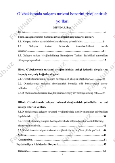 o’zbekistonda xalqaro turizmi bozorini rivojlantirish yo’llari — DOCX