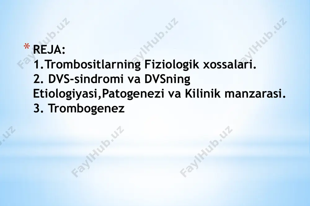 v.fibrinogenni fibringa aylantiruvchi trombin xosil bo’lishi. v.tromb retraksiyasi tuzilishiga ko’ra 4 xil bo’ladi: i.oq. ii.qizil. iii.aralash. iv.gialinli. arterial tromblar-endoteliy zararlangan joyda,qon uyurmasimon xarakat qiladigan sharoitlarda,tomirlar bifurkasiyasi va tarmoqlarga ajralgan soxalarda xosil bo’la boshlaydi. flebotromblar deb-ham ataladigan venoz tromblar tabiatan okklyuzion bo’ladi va venalarning yo’llarini ko’pincha ancha joyigacha bekitib quyishiga aytiladi. tromboz= klinik ahamiyati: 1.arteriya va vena/ yo’li= butunlay bekilib qolishiga. 2.tromboemboliyaga bog’liqdir. venalar trombozi-kalloteral/ paydo bo’lishi bilan kompensaziyalanib boradi.chuqur vena/= eng jiddiy asorati o’pka arteriyasi va shox/ida tromboemboliya paydo bo’lishidir,bu-odam= to’sat+ o’lib qolishiga yoki miokard infarkti boshlanishiga olib keladi. arterial trombozi-quidagilarga ham sabab bo’lishi mumkin; 1.tromboemboliya boshlanishiga. 2.yurak toj arterialari obturasiyasida miokard infarktiga. 3.miya tomirlari bekilib qolganida ishemik insultga(miya= oq yumshashiga). 4.son arteriyasi trombozida oyoq gangrenasiga. эътиборингиз учун рахмат! image1.jpeg image2.jpeg /docprops/thumbnail.jpeg