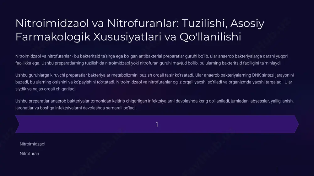 preparatlar anaerob bakteriyalarga qarshi faoliyat ko'rsatadi, ammo ba'zi hollarda ko'ngil aynishi, qusish, diareya, bosh og'rig'i va bosh aylanishi kabi nojo'ya ta'sirlarga olib kelishi mumkin. ularning uzoq muddatli qo'llanilishi qonning shakllanishi va jigar faoliyatiga salbiy ta'sir ko'rsatishi mumkin. sulfanilamidlar esa allergik reaktsiyalar, terining toshmasi, qonning shakllanishining buzilishi va siydik yo'llarida toshlar hosil bo'lishiga olib kelishi mumkin. shuningdek, ushbu preparatlar homiladorlik va emizish davrida qo'llanilmasligi kerak. ularni qo'llashda shifokorning ko'rsatmasi va nazorati ostida bo'lish juda muhimdir. 8 antibakterial preparatlar orasidagi o'zaro aloqalar va ratsional kombinatsiyalash turli antibakterial preparatlarni birgalikda qo'llashda ular o'rtasida o'zaro ta'sirlar paydo bo'lishi mumkin. bu ta'sirlar preparatning samaradorligini oshirishi yoki kamaytirishi, shuningdek, salbiy ta'sirlarni kuchaytirishi mumkin. masalan, ba'zi antibakterial preparatlar bir-birining ta'sirini kuchaytirishi yoki to'sib qo'yishi mumkin. shuning uchun, antibakterial preparatlarni qo'llashda ularni ratsional kombinatsiyalash muhimdir. preparatlarni kombinatsiyalashda preparatlarning farmakologik xususiyatlari, ularning o'zaro ta'siri va bemorning holati hisobga olinishi kerak. bu bemorning tiklanishiga tezroq erishishga, shuningdek, nojo'ya ta'sirlarni kamaytirishga …