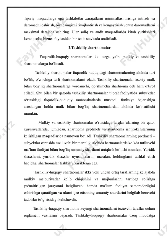 iyatlarni tashlik etish toʻgʻrisidagi ta’sis shartnomalaridir. ta’sis shartnomalariga xoʻjalik shirkatlarini, xoʻjalik jamiyatlarini, qoʻshma korxonalarni hamda yuridik shaxslarning uyushmalari, assotsiatsiyalari va boshqa birlashmalarni tashkil etish haqidagi shartnomalar kiradi. ta’sis shartnomalari yozma shaklda tuzilishi shart. oʻzbekiston respublikasi vazirlar mahkamasining “tadbirkorlik subyektlarini davlat ro’yxatidan oʻtkazish va hisobga qoʻyish tartibi toʻgʻrisida”gi nizomda yuridik shaxslar bir necha muassis tomonidan tashkil etilganda ta’sis shartnomasi notarial guvohlantirilishi shartligi va nihoyat ushbu nizomda ta’sis shartnomalari davlat roʻyxatidan oʻtishi ham belgilab qoʻyilgan. demak, ta’sis shartnomalari: · yozma tuziladi; · notarial guvohlantirilgan boʻlishi lozim; · davlat roʻyxatidan oʻtkaziladi. ta’sis shartnomasining tili toʻgʻrisidagi masala ham muayyan ahamiyatga ega. ta’sis shartnomasi ushbu shartnoma asosida tashkil etiladigan korxona qaysi davlat hududida faoliyat yuritishiga qarab, osha mamlakatning davlat tilida tuzilishi lozim. binobarin, agarda ta’sis shartnomasi boʻyicha oʻzbekiston respublikasi hududida faoliyat yuritadigan yuridik shaxs tashkil etiladigan boʻlsa, ta’sis shartnomasini davlat tili oʻzbek tilida boʻlishi shart. ayni vaqtda, ta’sis shartnomalarini bir vaqtning oʻzida bir necha tilda …