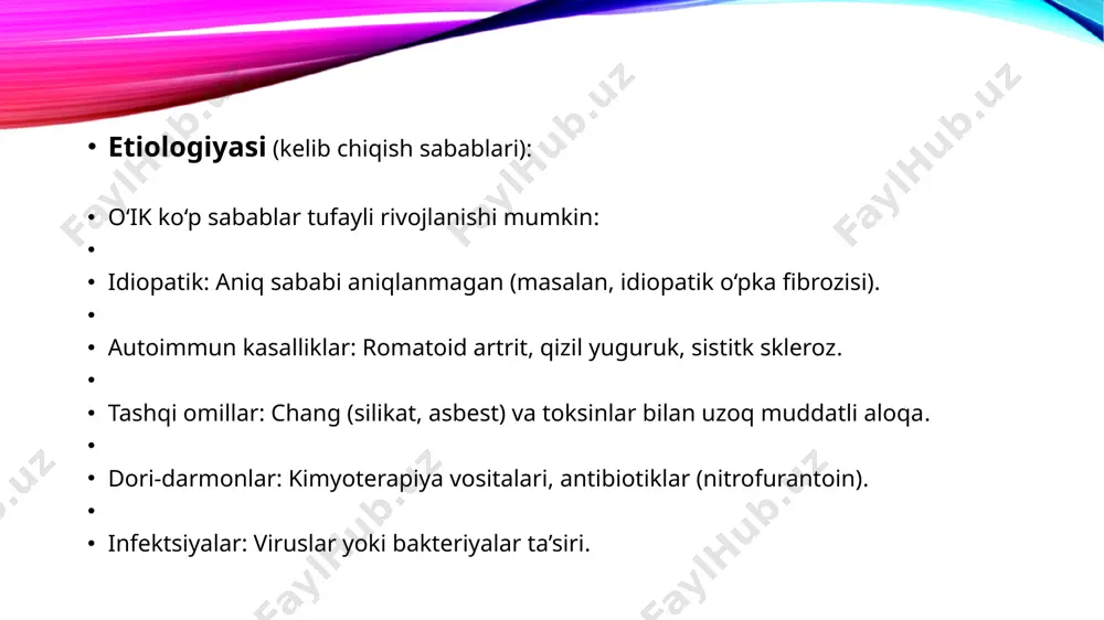 .‍ teri sarkoidozi.‍‍ ko‘z, jigar, yurak va boshqa organlar zararlanishi.‍‍ klinik belgilari:‍ umumiy belgilar:‍ isitma.‍ charchoq.‍‍ tana vaznining kamayishi.‍ o‘pkaga xos belgilar:‍ nafas qisilishi.‍ quruq yo‘tal.‍ ko‘krak qafasida og‘riq.‍ teri zararlanishi:‍ eritema nodozum (qizil toshmalar).‍ ko‘z zararlanishi:‍ uveit (ko‘z ichki qavati yallig‘lanishi). tashxislash usullari:‍ anamnez yig‘ish va klinik ko‘rik:‍ nafas qisilishi, yo‘tal va umumiy simptomlar haqida ma’lumot to‘plash.‍ instrumental tekshiruvlar:‍ rentgen: limfa tugunlarining kattalashishi va o‘pka xiralashishi.‍ kt (kompyuter tomografiya): o‘pkadagi granulomalarni aniqlash.‍ spirometriya: o‘pka funksiyasini baholash.‍ biopsiya: granulomalar mavjudligini mavzu: fibrozlanuvchi alveolit: etiologiyasi, patogenezi, klinikasi, tashxis va davolash usullari‍ maqsad: fibrozlanuvchi alveolit haqida umumiy tushunchani rivojlantirish, uning kelib chiqish sabablari, tashxislash usullari va davolash prinsiplari bo‘yicha bilimlarni mustahkamlash.‍‍ kirish‍ fibrozlanuvchi alveolit – bu o‘pkaning surunkali interstitsial kasalligi bo‘lib, alveola devorlari va atrofdagi interstitsial to‘qimalarning yallig‘lanishi va fibroz (cho‘ziluvchan to‘qima o‘rniga biriktiruvchi to‘qima hosil bo‘lishi) bilan kechadi. natijada o‘pkaning elastikligi va gaz almashinuvi buziladi. bu kasallik og‘ir nafas yetishmovchiligi va …