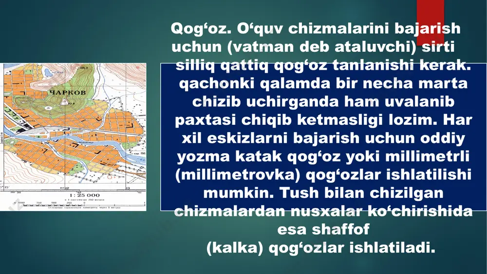 a etilmaydi, faqat b turdagi shrift uchun qo‘llash mumkin. o‘lchami 2,5 bo‘lgan yozuvlar esa bosh harflarda yoziladi. yozuvlarning bu tartibdagi ko‘rsatilishi yirik yozuvlarga ham mayda yozuvlarga ham tegishlidir. keyinchalik shrift yaxshi o‘rganilgandan so‘ng, mayda yozuvlarni yozishda har bir harf va raqamlar uchun to‘rtburchaklar yasab o‘tirmasdan, shu shrift uchun qabul qilingan qiyalikdabir necha ixtiyoriy parallel to‘g‘ri chiziqlar o‘tkazib yozish mumkin. shriftlar mukammal o‘rganilgandan keyin yordamchi shtrixlarni o‘tkazmaslik mumkin, biroq yozuvning balandligini belgilovchi parallel chiziqni albatta o‘tkazish zarur. harf va raqamlar konstruksiyasini yaxshi o‘rgangandan keyin, ularning enini, orasini ko‘zda chamalab yozish mumkin. foydalanilgan adabiyotlar: http://fayllar.org www.wikipedia.uz www.ziyo.net e’tiboringiz uchun raxmat! image6.jpeg image7.png image8.png image9.png image10.png image11.png image12.png image13.png image14.png image15.png image16.png image17.png image18.jpeg image1.png image2.png image3.png image4.png /docprops/thumbnail.jpeg