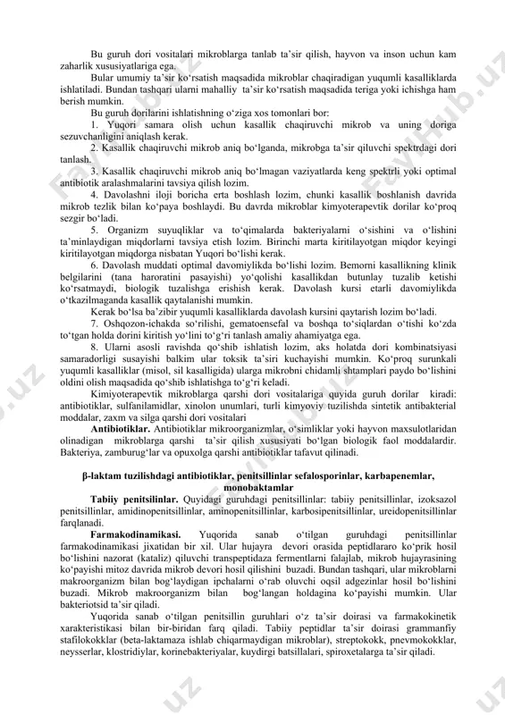 elib chiqqan xolda organizmga tushgan infeksiyani nisbatan qayerda ko‘proq yig‘ilganligi, ya’ni infeksiyani loklizatsiyasi xam katta rol o‘ynaydi. bunda infeksiyalangan to‘qima va organga antibiotikni ta’sirini optimal chiqarish uchun shu yerdagi rn-ga , to‘qima suyuqligiga, absess yoki boshqa xolatiga xamda yuborilayotgan antibiotikni dozasi, yuborish yo‘li, oqsillar bilan bog‘lanish darajasi, yog‘larda erish qobiliyatiga xam axamiyat beriladi. masalan: meningit bo‘lsa geb o‘tish, antibiotikni chiqib ketish yo‘llari va b! disbakterioz, allergiya va bemor uchun yuborish yo‘lini moilligi va b! 5. yuborilayotgan antibiotikni dozasi va davo kursiga aloxida axamiyat beriladi. antibiotika terapiya o‘rtacha 7-10 kun davom etadi. davodan so‘ng yana 2-3 kun antibiotiklarni qabul qilish kerak bo‘ladi…! 6. ongli ravishda antibiotiklarni extiyotlik bilan profilaktik nuqtai nazardan xam beriladi. masalan: penitsillinni------- septik endokarditlar va revmokarditlarda; rifampitsinni------ meningitlarda; izoniazidni--------- tuberkulyozlarda; doksatsinni---------- diareyalarda; xloroxinni--------- malyariyada. infeksion kasalliklarni davolashda ishlatiladigan antibiotiklarning nojuya ta’sirlari. avvalo antibiotiklarga nisbatan yuqori darajadagi sezuvchanlik reaksiyasi qayd etilishi mumkin. ko‘pincha bu reaksiya allergik reaksiya ko‘rinishida bo‘lib, …