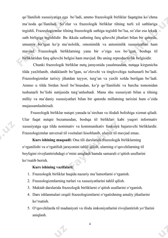 igidir.[footnoteref:1] [1: юлдошев б.фразеология тарихидан лавҳалар.-с.:сўғдиёна, 1998, 14 -бет] frazeologiya – tilshunoslikning biror tilga xos barqaror so‘z birikmalarni va iboralarni o’rganadigan bo’lim. frazeologiya atamasi xvi asrning ikkinchi yarmida ingliz adabiyotshunosi va tarjimoni neandr tamonidan birinchi bor qo’llanilgan. jahon tilshunosligida frazeologiyaning u yoki bu jihatlari nazariy va amaliy o’rganilib, uning turli jihatlariga bag’ishlangan monografik kuzatishlar, dissertatsiyalar, lug’atlar, ilmiy maqolalar yuzaga keldi. frazeologizmlarni o’rganishning xilma–xil metodlari ham shakllandi. bu esa tadqiqotlarni yanada jadallashtiradi, ularni ilmiy–amaliy va tizimli o’rganishga imkoniyat yaratadi. tilshunoslikda frazeologiya atamasi sharl balli tamonidan ishlatilib, stilistika fani bilan qo’shib o’rganilgan, lekin frazeologiyani fan sifatida tan olish fikrini bildirgan taniqli tilshunos olim prof. e. f. polivonovdir. shu fikrni qullab quvvatlagan olimlardan yana biri mashhur tilshunos olim v.v.vinogradovdir. u o’zining qator ilmiy tadqiqotlarida rus tilidagi frazeologik birikmalar ta‘limotlarni yig’adi va ularni semantik jihatdan guruhlarga bo’lib chiqadi. e.d.polivanov va v.v.vinogradovlar tomonidan o’rtaga tashlangan frazeologiya haqidagi fikrlar keyinchalik bu sohada ko’plab tadqiqotlarning yuzaga chiqishiga …