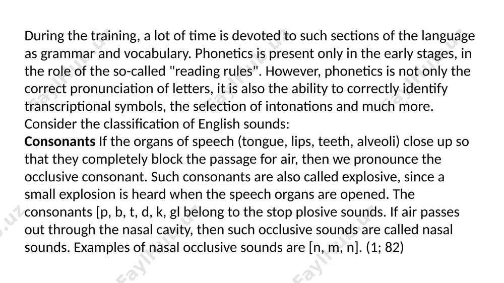 back of thetongue is raised to the soft palate, we pronounce the back vowels: the english sound [a:]. the quality of the vowel depends on the tension of the muscles of the speech organs: the more intense the articulation, the clearer and brighter the sound. accordingly, a distinction is made between tense and non-tense vowels. for example, the english vowel [:] is pronounced with more tension than [i]. (5: 43) thus, we see how diverse the phonetic structure of the english language is. but much also depends on the correct pronunciation and its features, which is described in the next section of this work. in english, articulation, i.e. pronunciation of vowels is almost unaffected by consonants. the vowel sound is the leading one in articulation. in this regard, it is recommended to combine as many different consonants as possible with the vowel when setting the english pronunciation. (7; 124) the …