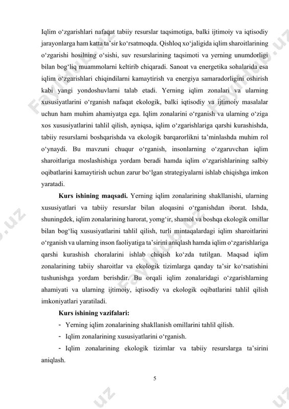 liyatiga ta’sirini o‘rganish ham predmetga kiradi. kurs ishining obyekti. yer yuzasidagi iqlim zonalari va ularning xususiyatlari, shuningdek, bu zonalarning tabiiy resurslar, ekologik tizimlar va inson faoliyatiga ta’siridir. obyekt sifatida iqlim zonalarining shakllanishi va ularning o‘zgarishlarining tahlili ko‘rib chiqiladi. kurs ishining tuzilishi: kirish, 2 ta bob, umumiy xulosa va foydalanilgan adabiyotlar ro‘yxatidan iborat. i-bob. yerning iqlim zonalarining paydo bo'lishi va tasnifi 1.1. iqlim zonalarining shakllanishiga ta’sir etuvchi omillar quyosh nurining yerga tushish burchagi iqlimning shakllanishida eng muhim omillardan biridir. quyoshdan keladigan energiya yer yuzasiga turli burchaklar ostida tushadi, va bu energiyaning taqsimlanishi iqlimning har xil mintaqalarda farq qilishiga sabab bo‘ladi. ekvator mintaqasida, quyosh nurlari deyarli vertikal tarzda, to‘g‘ri tushadi. bu burchak eng kuchli energiya taqsimlanishini keltirib chiqaradi, natijada yuqori harorat paydo bo‘ladi. ekvator mintaqasida yil davomida harorat o‘zgarishsiz bo‘lib, doimiy issiqlik hukm suradi. bu yerda quyosh nurlarining intensivligi eng yuqori bo‘lib, harorat deyarli o‘zgarmaydi. ekvatorni tashkil etuvchi hududlar asosan tropik va …