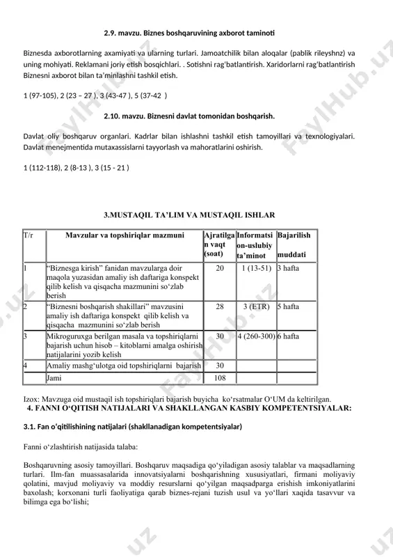 oat) informatsion-uslubiy ta’minot bajarilish muddati 1 “biznesga kirish” fanidan mavzularga doir maqola yuzasidan amaliy ish daftariga konspekt qilib kelish va qisqacha mazmunini so‘zlab berish 20 1 (13-51) 3 hafta 2 “biznesni boshqarish shakillari” mavzusini amaliy ish daftariga konspekt qilib kelish va qisqacha mazmunini so‘zlab berish 28 3 (etr) 5 hafta 3 mikroguruxga berilgan masala va topshiriqlarni bajarish uchun hisob – kitoblarni amalga oshirish natijalarini yozib kelish 30 4 (260-300) 6 hafta 4 amaliy mashg‘ulotga oid topshiriqlarni bajarish 30 jami 108 izox: mavzuga oid mustaqil ish topshiriqlari bajarish buyicha ko‘rsatmalar o‘um da keltirilgan. 4. fanni o‘qitish natijalari va shakllangan kasbiy kompetentsiyalar: 3.1. fan o‘qitilishining natijalari (shakllanadigan kompetentsiyalar) fanni o‘zlashtirish natijasida talaba: boshqaruvning asosiy tamoyillari. boshqaruv maqsadiga qo‘yiladigan asosiy talablar va maqsadlarning turlari. ilm-fan muassasalarida innovatsiyalarni boshqarishning xususiyatlari, firmani moliyaviy qolatini, mavjud moliyaviy va moddiy resurslarni qo‘yilgan maqsadparga erishish imkoniyatlarini baxolash; korxonani turli faoliyatiga qarab biznes-rejani tuzish usul va yo‘llari xaqida tasavvur …
