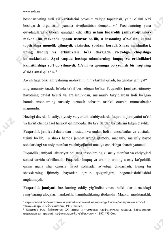 rlashmalar mavjudligi bilan tavsiflanadi. fuqarolik jamiyati nihoyatda murakkab ijtimoiy hodisadir. shu bois uni uch asosiy jihat, uchta yо`nalish bо`yicha: 1) iqtisodiy jihat; 2) siyosiy jihat; 3) ma`naviy-ahloqiy jihat ta`riflash mumkin birinchi jihati. fuqarolik jamiyati xususiy mulkchilikka keng yо`l beruvchi va unga asoslanuvchi bozor iqtisodiyoti munosabatlariga, erkin iqtisodiy faoliyat ta`minlangan shart-sharoitga tayanadi. aynan xususiy mulkchilik muhiti va munosabatlari qaror topgan jamiyatda shaxsning mulkiy mustaqilligi, iqtisodiy faoliyat yuritishdagi erkinligi ta`minlanadi. xuddi shu asnoda shaxs davlat hokimiyatiga nisbatan avtonom, mustaqil mavqeni egallaydi. davlat xususiy hayot sohasiga, shaxs va tashkilotlarning qonuniy iqtisodiy faoliyatiga aralashmasligi lozim. prezident i.a.karimov aytganidek, «davlatning qonunlari inson va fuqaro huquqlarini kamsitmasligi lozim». bu talab avvalo iqtisodiy ishlab chiqarish, xususiy tadbirkorlik sohasiga oiddir. fuqarolik jamiyati konsepsiyasini yaratishga katta hissa qо`shgan nemis faylasufi gegel, bu jamiyatni burjuacha ishlab chiqarish munosabatlari majmui sifatida tushungan. u ikki asosiy prinsipni ajratib kо`rsatgan: birinchidan, shaxslar о`z xususiy manfaatlaridan kelib chiqib harakat qiladilar; ikkinchidan, insonlar shunday ijtimoiy …