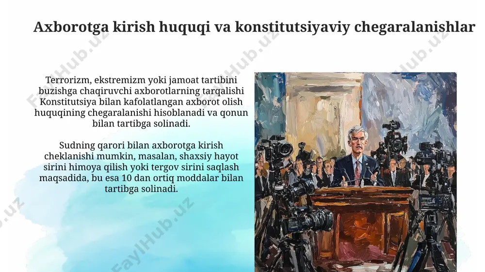 rkinligi va uning konstitutsiyaviy kafolatlari konstitutsiyaning 26-moddasi fuqarolarning axborot olish huquqini mustahkamlab, davlat organlari va mansabdor shaxslardan axborot olish imkoniyatini ta’minlaydi. bu erkinlik cheklovlarsiz emas, balki qonun bilan belgilangan tartibda amalga oshiriladi. matbuot erkinligi 25 yildan ortiq davom etayotgan demokratizatsiya jarayonining muhim tarkibiy qismi bo‘lib, sud hokimiyatining mustaqilligi bilan chambarchas bog‘liq. ommaviy axborot vositalari va sud hokimiyati: konstitutsiyaviy munosabatlar konstitutsiya va qonunlar ommaviy axborot vositalarining sud hokimiyatiga nisbatan 10 kun muddat ichida sud qarorlariga shikoyat qilish huquqini, shu bilan birga, adolatli sud muhokamasi kafolatlariga rioya qilishni taʼminlaydi. oʻzbekiston respublikasi konstitutsiyasining 26-moddasi ommaviy axborot vositalarining faoliyatiga kafolatlar beradi, shu jumladan, sensuraga yoʻl qoʻymaslik va matbuot erkinligini taʼminlash kabi 2 ta asosiy huquqni belgilab beradi. konstitutsiyaviy huquqlarni amalga oshirishda ommaviy axborot vositalarining roli oavlar, konstitutsiya va qonunlarga muvofiq faoliyat yuritgan holda, jamiyatning 70% dan ortiq qismini qamrab oladigan demokratik jarayonlarga ishtirok etish va jamoatchilik nazoratini amalga oshirish imkoniyatini beradi. oavlar 1992-yil konstitutsiyasining …