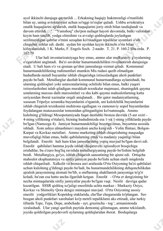 tosh bilan raqobatga dosh berolmaydi, deb hisoblar edilar va bu mis asboblarining kam tarqalishiga sabab bo'lgan deb hisoblar edilar. darhaqiqat, mis pichoq ish paytida tezda xiralashadi, ammo tosh parchalanadi. toshni almashtirish kerak edi va misni charxlash mumkin edi. maxsus arxeologik laboratoriyada o'tkazilgan tajribalar shuni ko'rsatdiki, har ikkala materialdan tayyorlangan asboblar bilan ishlab chiqarish jarayonlari yumshoqligiga qaramay, mis asboblari bilan tezroq yakunlandi. binobarin, mis asboblarining kam tarqalganligi ularning xayoliy ish sifatlari bilan emas, balki metallning kamdan-kamligi, misning yuqori narxi bilan izohlanadi. shuning uchun dastlab zargarlik buyumlari va mayda asboblar, pichoq va pichoq pichoqlari, avlilar misdan yasalgan. balta va boshqa zarbli qurollar misni zarb bilan (ish bilan qattiqlashish) qattiqlashishi ta'siri aniqlangandagina keng tarqaldi. kalkolitikaning chegaralari metallurgiyaning rivojlanish darajasi bilan belgilanadi, bu faqat quyma kashf qilingandan va ayniqsa metallni rudalardan eritib, keyinchalik qattiqlashuv kashf etilganidan, ya'ni uchinchi bosqichdan boshlab muhokama qilinishi kerak. rangli metallurgiyani rivojlantirish. bronza ixtiro qilingan vaqt bronza davrini ochadi. shunday …