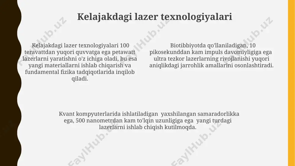 qo'llaniladi. sanoatda lazerlar 0,01 mm aniqlikda metallarni kesish va payvandlashda, yuqori sifatli va aniqlikni talab qiladigan murakkab mikro-qismlarni ishlab chiqarishda ishlatiladi. gazli lazerlar gazli lazerlarning chiqish quvvati, gazning turiga va bosimiga, shuningdek, elektr toki kuchiga bog'liq bo'lib, millivatlardan kilovatlargacha o'zgarib turadi. yuqori bosimli gazli co2 lazerlari 10.6 µm to'lqin uzunligida infroqizil nur chiqaradi va metallarni kesish va payvandlash kabi sanoat jarayonlarida keng qo'llaniladi. gazli lazerlar, masalan, geliy-neon lazerlari, 632.8 nm to'lqin uzunligiga ega qizil nur chiqaradi va past quvvatli optik manbalar sifatida qo'llaniladi. lazer nurlanishining xossalari lazer nurining kichik nurlanish burchagi (milliradianlarda o'lchanadi) uning uzoq masofalarga yo'naltirilishi va aniq fokuslanishini ta'minlaydi, bu esa holografiya va lazerli lokatsiyalar kabi texnologiyalarda muhimdir. lazer nurlanishining katta kvant energiyasi 1015-1020 foton/sek gacha bo'lgan nur oqimini ta'minlaydi, bu materiallarni qayta ishlash, tibbiyot va boshqa sohalarda kuchli ta'sirni ta'minlaydi. lazer nurlanishining yuqori darajada monoxromatikligi (bitta to'lqin uzunligiga yaqin) uni yuqori aniqlikdagi o'lchovlar va jarayonlar, masalan, 0,1 …
