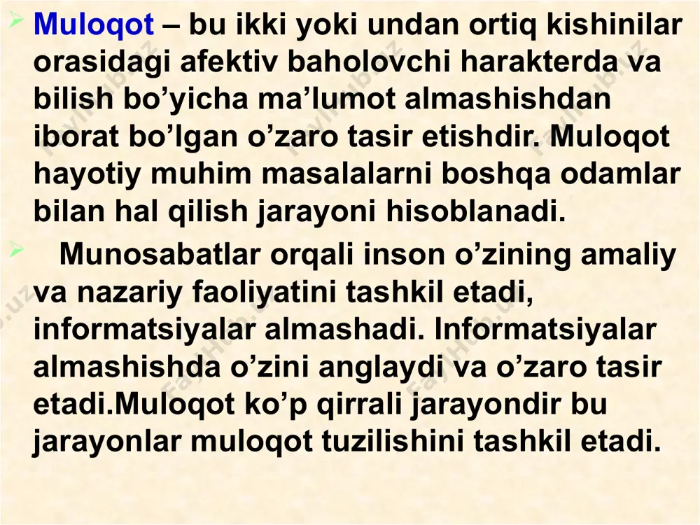 larini amalga oshirish uchun tildan foydalanish jarayonidir. nutqning uchta vazifasi mavjud: nutqning asosiy vazifalari. kishilar orasidagi munosabatni bajaruvchi kommunikativ vazifa. fikr almashish va bildirish vazifasi. ta'sir ko'rsatish vazifasi. xar qanday ma’lumotni belgilar, ya’ni belgilar tizimi orqali bilish mmkin. kommunikativ jarayonda qo’llaniladigan bir nechta belgilar tizimi mavjud. bular vebral kommunikatsiya (nutq orqali) va noverbal (nutq bilan bog’liq bo’lmaydigan belgilar orqali) kommunikatsiyadir. nutq turlari vebral novebral og'zaki.yozma.monologik. dialogik.tashqi.ichki.lakonik. epik.affektiv. imo-ishora.mimika.fantomimika. exologik.signifikatsiya. daktimologik. vebral nutq – bunda inson nutqi belgilar tizimi sifatida qo’llaniladi. og’zaki nutq – boshqa kishilar bilan qilayotgan aloqamizda foydalanadigan nutq. yozma nutq – fikrning mazmuni va shaklidagi ayrim kamchiliklar ko’rinib qoladi.fikrning o’zi mazmun jihatdan ravshan qilib ifodalanadi. monologik nutq – bir kishining nutqi, fikr almashinuv jarayonida faqat bir odam so’zlab boshqalar uni idrok etadi. dialogik nutq – bir necha suxbatdoshlar (kishilar) orasida faollik bilan bo’ladigan nutq turi. tashqi nutq – boshqa odamlar bilan aloqa qilishimizda foydalanadigan nutq. bu nutq biror …