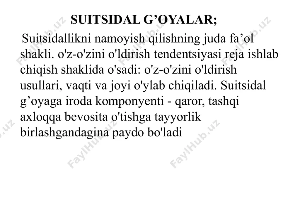 y istagi mavjud, qolgan 90 foizida - bu yordam haqidagi qichqiriqdir o'smirlarning suitsidal axloqiga tengdoshlari va ota- onalari bilan shaxslararo munosabatlarning ahamiyatli ta'sir ko’rsatadi . l.ya.jezlovaning fikriga kora, pubertat yosh oldidan “oilaviy”, pubertat yoshida esa “jinsiy” va “muqabatli” muammolar ustunlik qiladi.boshqa, afsuski, nisbatan kam o rganilgan o ta muqim omil - o'smir submadaniyaning ta'siridir. oav ning 1999 yilda «ivanushki interneshnl» yoshlarning pop-guruhining sardori igory sorinning o'z-o'zini o'ldirganligi haqidagi xabariga javoban bir necha o'smir qizlar o'zlarining sevimli shaxslaridan namuna olib, unga ergashganlar. 14 yoshdan keyin suitsidal axloq qizlarda qam, o'qil bolalarda ham taxminan bir xil namoyon bo'ladi. 40 dan 65 yoshgacha oraliqda sodir etiladi. o'z-o'zini o'ldirish darajasi erkaklar orasida yuqori. yetuk yoshning tipik stressorlari ajrashish vaziyati, yaqin odamini yo'qotish, ishdan bo'shash, moliyaviy krizis, oiladagi o'lim hisoblanadi. keksa yosh yolg’izlik, professional faoliyatning yakunlanishi, imkoniyatlarning yo'qolishi, oila va do'stlardan ayrilish va h.k. kabi jiddiy ijtimoiy-psixologik muammolar bilan to'qnashadi. keksa odamlardagi ruhiy azoblanish holati …