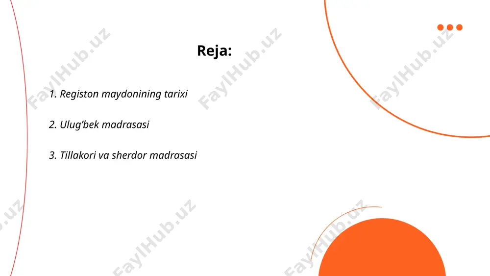 mashhur arxitektura yodgorliklaridan biri bo'lib, markaziy osiyoning ilmiy tarixi uchun muhim ahamiyat kasb etadi. 1449-yilda ulug'bek vafotidan keyin madrasa faoliyati susaygan. ... t.me/slaydai_bot ulugʻbek madrasasi samarqand shahrida 1417 yilda barpo etilgan meʼmoriy yodgorlikdir. bu madrasaxona temuriylar davrida, aniqrogʻi, ulugʻbek hukmronligi davrida qurilgan. ulugʻbekning o'zi ushbu ilm maskani loyihalashda faol ishtirok etgan. madrasa 45 metrga 80 metr o'lchamdagi maydonni egallaydi va ikki qavatli 50 ta hujradan iboratdir. markazda o'qitish uchun katta darsxona va masjid joylashgan. ulugʻbek madrasasi markaziy osiyodagi birinchi yirik astronomik maktablardan biri bo'lib, unda ko'plab olimlar dars bergan. ushbu madrasa o'sha davrda fan va maʼrifat markazi sifatida mashhur bo'lgan. ... t.me/slaydai_bot ulug‘bek madrasasi xv asrda samarqand shahrida ulug‘bek tomonidan qurilgan muhim me’moriy inshootdir. bu madrasaning uzunligi 81 metr, kengligi esa 56 metrni tashkil qiladi. madrasada 56 xonali hujralar mavjud bo‘lib, talabalarga ta’lim berishga mo‘ljallangan. inshootning markaziy qismi katta qabulxona va masjid bilan jihozlangan. ulug‘bek madrasasi o‘zining muhtasham peshtoqi va …