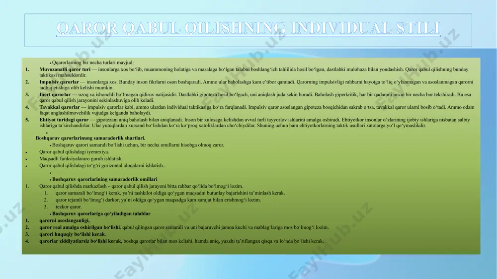 enejerni fikri-zikrini doim band qilib turadigan tashvishdir. menejer juda xilma-xil masalalar yuzasidan-ishlab chiqarish va kadrlarga oid, tashkiliy va xo’jalik masalalari yuzasidan qarorlar qabul qiladi. menejer qarorni yakka boshchilik asosida, yordamchilarni va jamoatchilikni jalb qilib qabul qilishi mumkin. boshqaruvga oid har qanday qaror samarali bo’lsagina, u maqsadga muvofiq deb hisoblanadi. qaror qabul qilish - bu tashkilot rahbarining oldidagi maqsadga erishish uchun o’z vakolati va omilkorligi doirasida qarorning mavjud variantlaridan eng maqbulini tanlash jarayonidir. bozor iqtisodiyoti sharoitida rahbar qabul qiladigan qarorning ahamiyati ortib boradi. iqtisodchilarning fikricha, tsex (bo’lim)ning boshlig’i qabul qiladigan bitta qaror shu tsex (bo’lim)ning besh-olti oylik ishiga ta'sir qilar ekan. qabul qilinadigan qarorning oqilligi bir necha omillarga bog’liq. ulardan asosiylari quyidagilardir: • qaror qabul qilish jarayonida axborotning to’laligi va sifati; • qaror qabul qiluvchi rahbarning shaxsiy sifati; • qaror qabul qilishda tashkiliy masalalarning oqilona yechilish darajasi (masalan, qaror qabul qilishda mutaxassislarni jalb etish, qaror qabul qilish tizimining takomillik darajasi, qarorni …