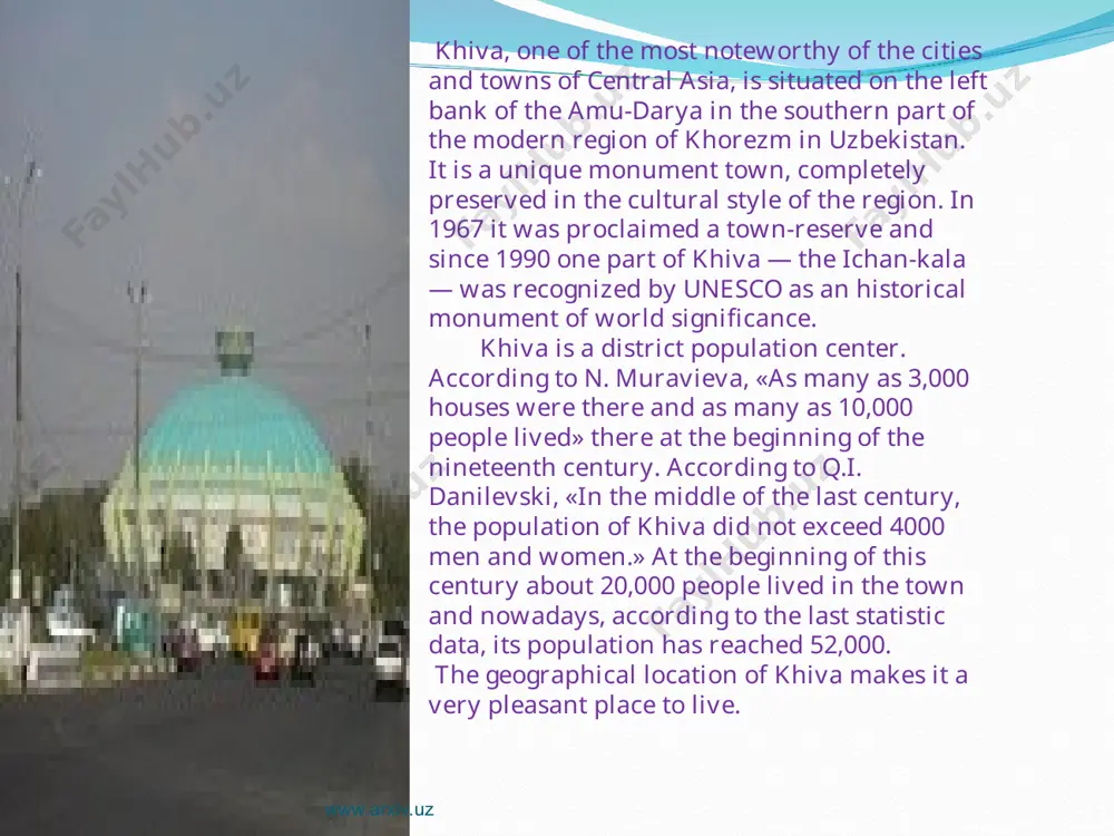 oly writ of the zoroastrians, but also in bekhistun inscriptions, in work of qerodot, gekatei miletshi. thus when the twenty-three provinces subjected to darey (521-485 b.c.) were enumerated, the region of the khorezmians, including its castle khiva, is mentioned in a bekhistun inscription, and gekatei miletshi speaks of the «khorezmians» and their town «of khorasmia», located to the east of parphia (modern khorasan). qerodot includes the khorezmians» in the same satrap group with the parphians and sogdians. in due course, this ancient oasis turned into a wonderful, fine natural museum under the open sky, where majestic ruins of numerous castles and fortresses, ancient settlements, and traces of grandiose irrigation systems rise above sandy barchans. more than sixty years ago an archaeological ethnographic expedition headed by academician s.p. tolstov began its study of ancient khorezm. in particular, about seventy archaeological monuments, dating from the fourth century b.c. to between the eleventh …