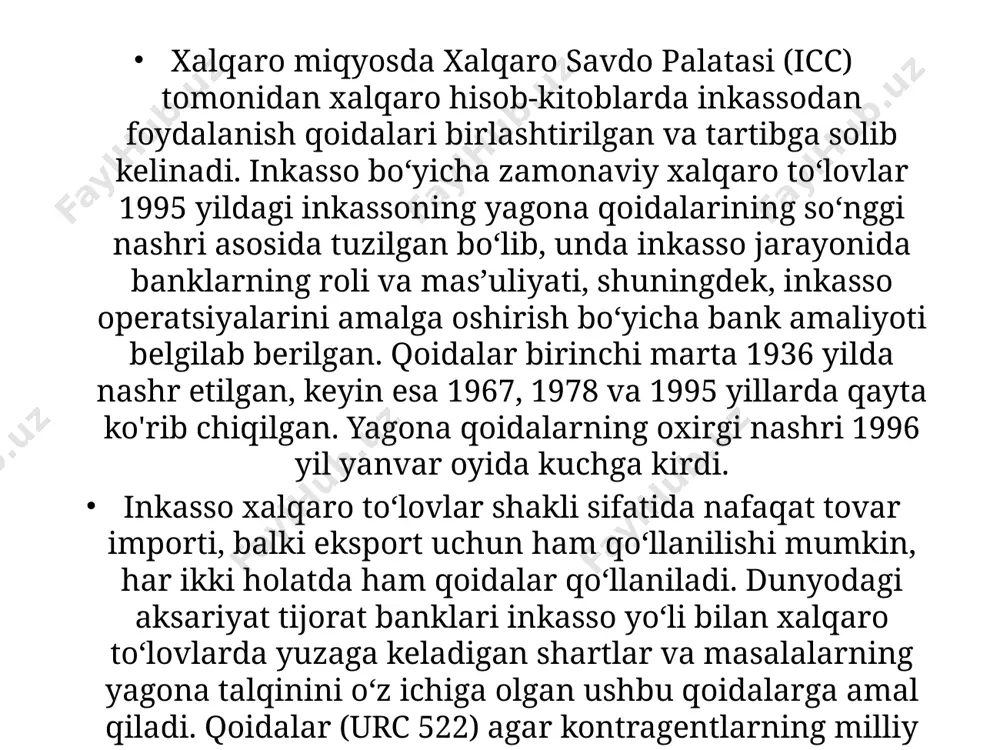 i mumkin. mamlakatimiz eksportida inkasso xalqaro savdo amaliyotida ma'lum tovarlar uchun to'lovning boshqa shakllari nazarda tutilganda, bozor kon'yunkturasi yetkazib beruvchi foydasiga bo'lmaganda yoki u akkreditiv shaklida to'lovni ololmaganda qo'llaniladi. ishonchli shaxsdan inkasso hujjatlarini qabul qilganligi to'g'risida remitent bankning bildirishnomasiga ko'ra to'lov yoki to'lovning bank kafolatidan foydalanish inkasso hisob-kitoblarini amalga oshirishda mamlakatimiz eksportchisining manfaatlarini himoya qiladi. biroq, mamlakatimizga eksport qiluvchi shartnomada xorijiy xaridor inkasso uchun barcha bank to'lovlarini to'lashi yoki hech bo'lmaganda xaridorning mamlakatidagi xarajatlarni to'lashiga rozi bo'lishi maqsadga muvofiqdir. hujjatli inkassoning xususiyatlari va uning turlari. hujjatli inkasso - bu bank sotuvchi va xaridor o'rtasida vositachi bo'lgan operatsiya. bank sotuvchining ko'rsatmasi bilan inkasso oladi, xaridorga tovarning haqiqiy yetkazib berilganligini tasdiqlovchi hujjatlarni taqdim etadi va buning evaziga haqiqiy to'lovni tasdiqlovchi to'lov hujjatini yoki sotuvchi uchun akseptlangan vekselni oladi. ushbu turdagi xalqaro hisob-kitoblar uchun yetkazib beruvchiga (eksportyorga) tovarni to‘lash muddati akkreditivdan foydalanishga qaraganda uzoqroqdir, chunki inkasso uchun to‘lov hujjatlar yuborilgan to‘lovchining banki (inkasso …