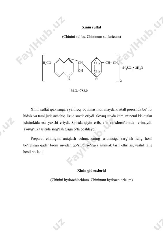 n bankalarda qorong‘i joyda saqlanadi. xinin digidroxlorid (chinini dihydrochloridum. chininum dihydrochloricum) xinin digidroxlorid xinin tuzlari orasida suvda eng yaxshi eruvchan bo‘lib, uni xinin gidroxloridga malum miqdorda xlorid kislota tasir ettirib olinadi. xinin digidroxlorid rangsiz, hidsiz, tami achchiq poroshok bo‘lib, spirtda, suvda juda oson, xloroformda qiyin eriydi, efirda esa erimaydi. preparat chinligini xinin gidroxloriddagi kabi aniqlanadi. preparat suvda yaxshi erishi. metil qizil indikatoriga nisbatan kuchli kislotali xossaga ega bo‘lishi bilan xinin gidroxloriddan farq qiladi. xinin digidroxlorid miqdorini neytrallash usuli bilan aniqlanadi. poroshok va tabletka holida jelatina kapsulada bezgakka qarshi ichiriladi. preparatning 25-50% li suvdagi sterillangan eritmalari organizmga inyeksiya qilinadi. og‘zi mahkam yopiladigan bankalarda qorong‘i joyda saqlanadi. eyxinin (euchininum. chininum aethylcarbonicum) eyxinin fizioligik tasiri jihatidan xinin preparatlari o‘rnini bosib, tami achchiq bo‘lmagan dori moddalarni qizirishda topilgan preparatdir. eyxininni sintez qilishda boshlang‘ich modda sifatida xinin olinadi. xinin karbon kislotaning etil efiri bilan malum sharoitda reaksiyaga kirishib, murakkab efir – eyxininni hosil qiladi. eyxinin …